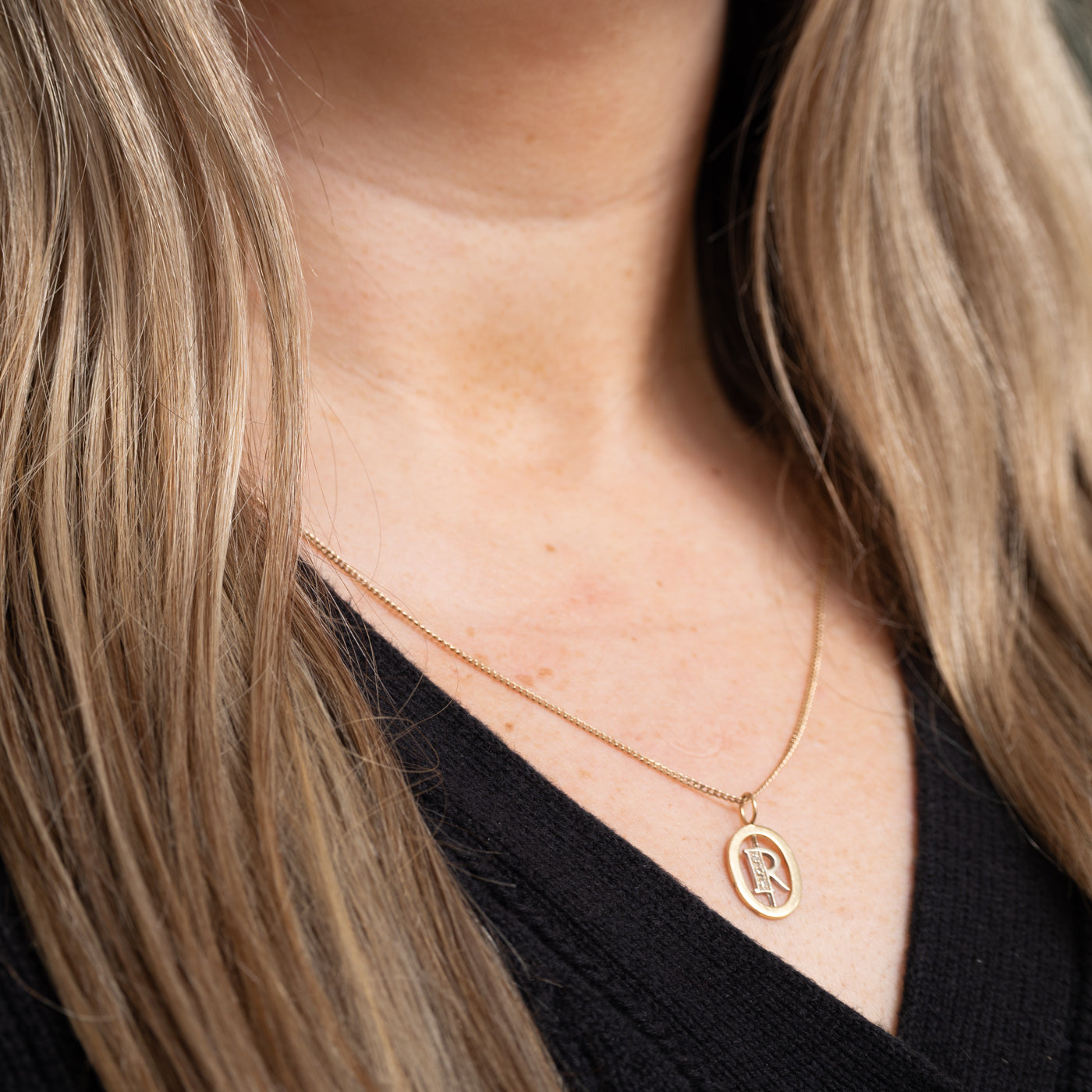 14K Diamond "R" Initial Oval Framed Pendant