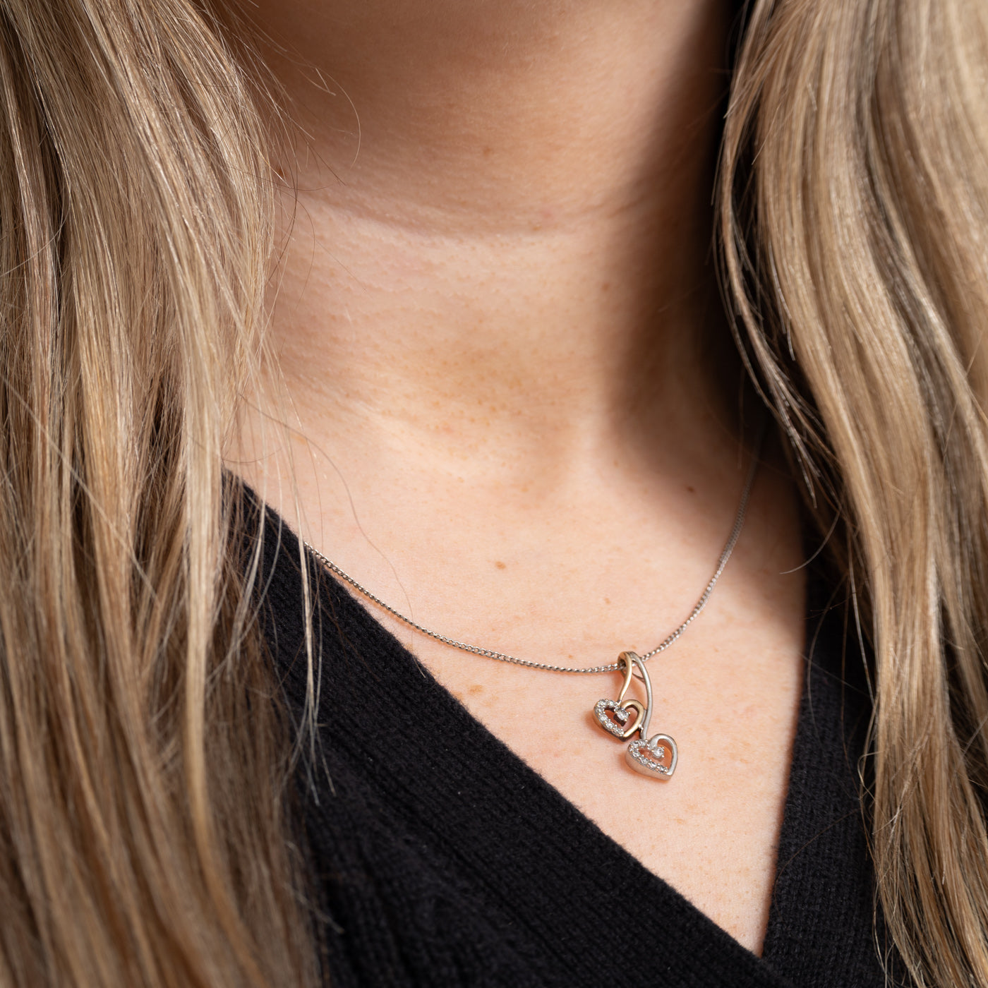 10K Two Tone Gold Diamond Double Heart Drop Pendant