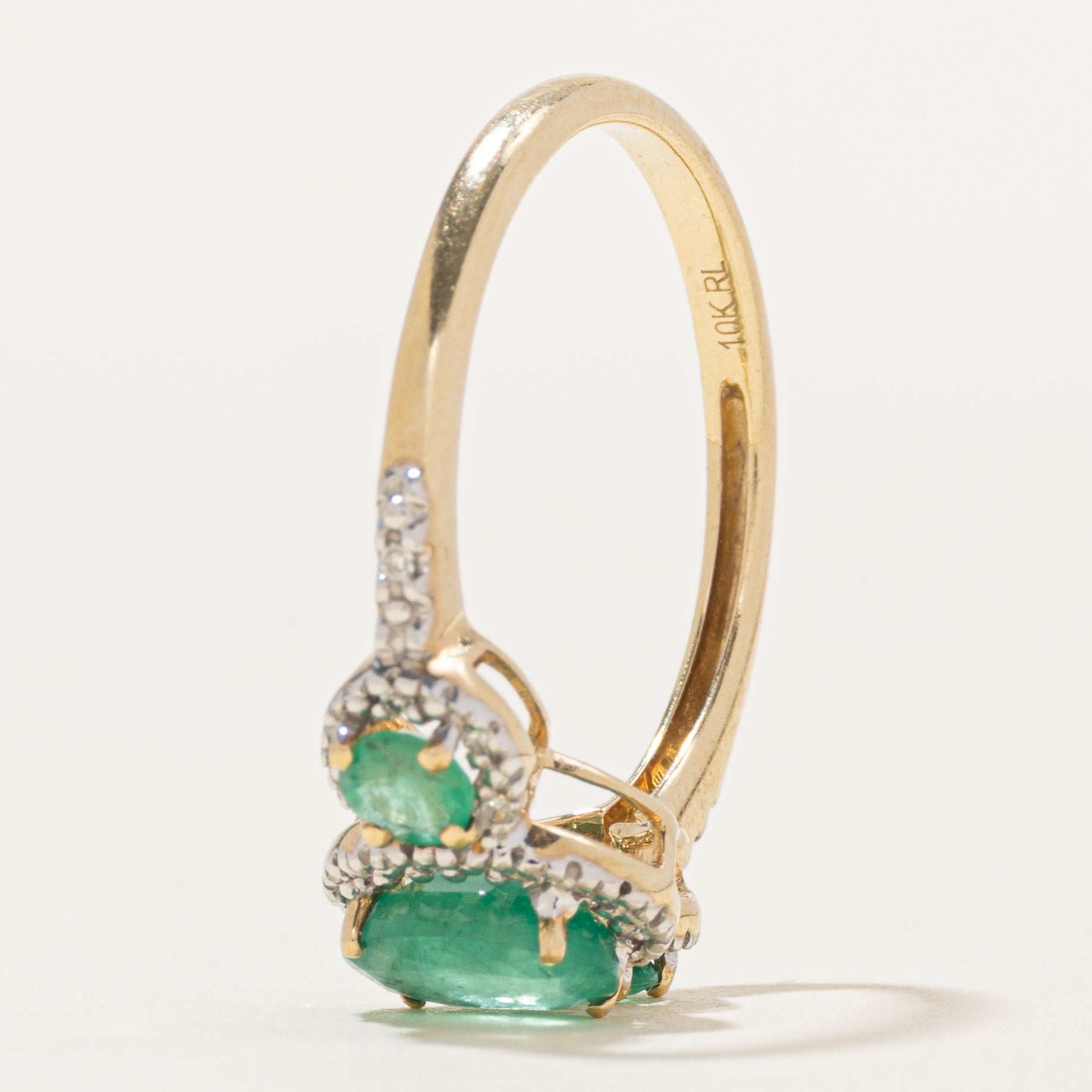 Three Stone Emerald & Diamond Halo Ring | 0.85ctw, 0.06ctw | SZ 7