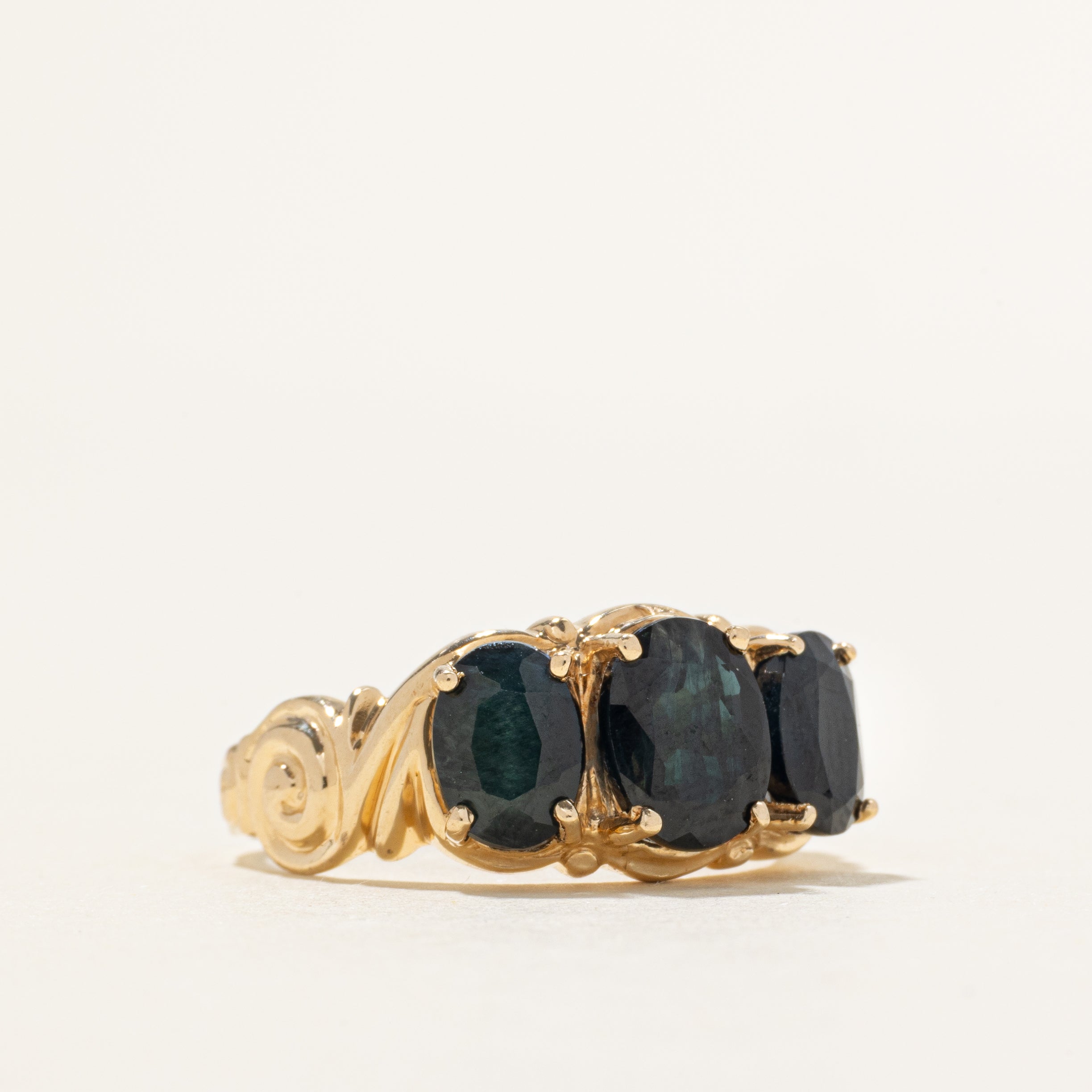 Three Stone Sapphire Swirl Design Ring | 3.34ctw | SZ 7.75