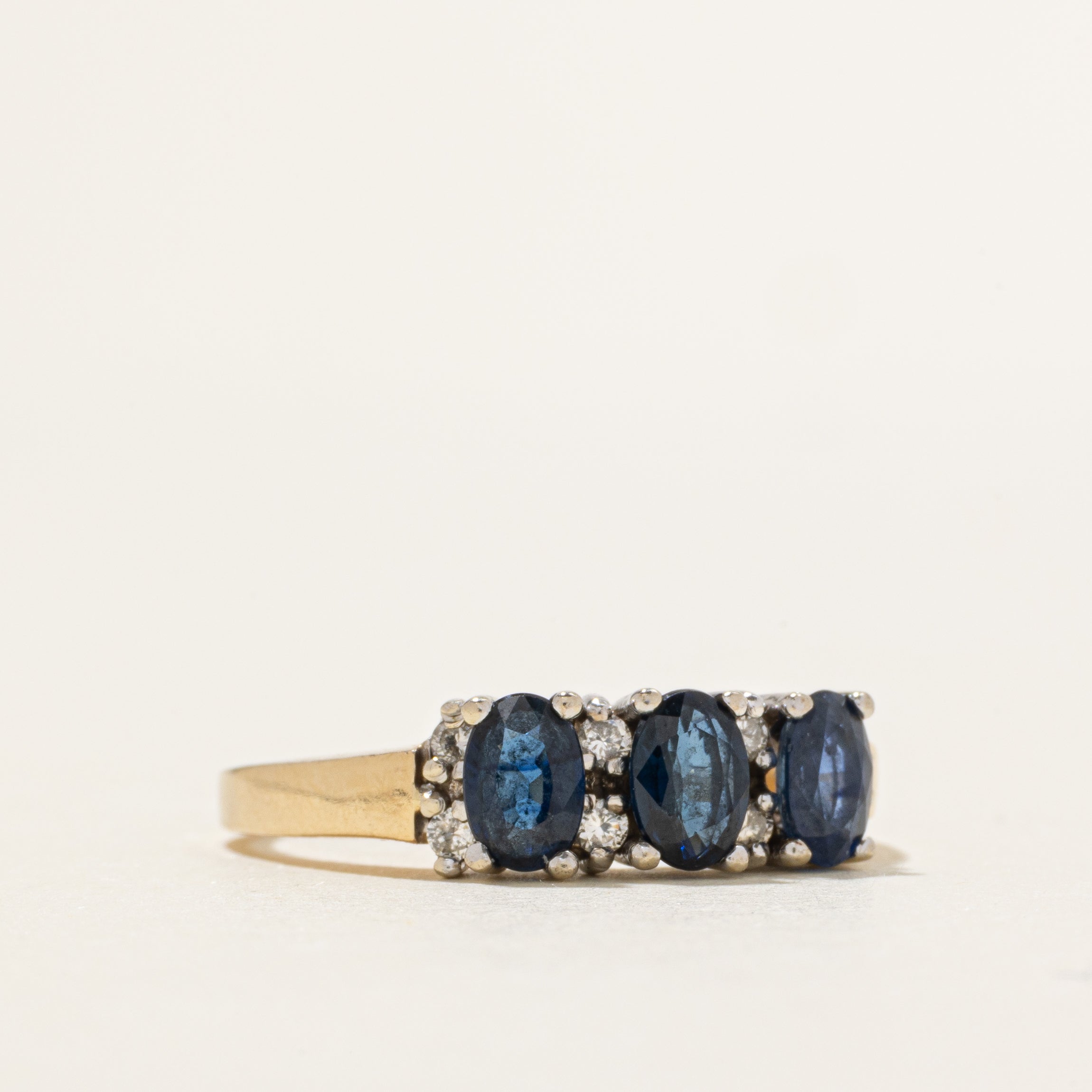 Three Stone Sapphire & Diamond Ring | 1.18ctw, 0.12ctw | SZ 9.25