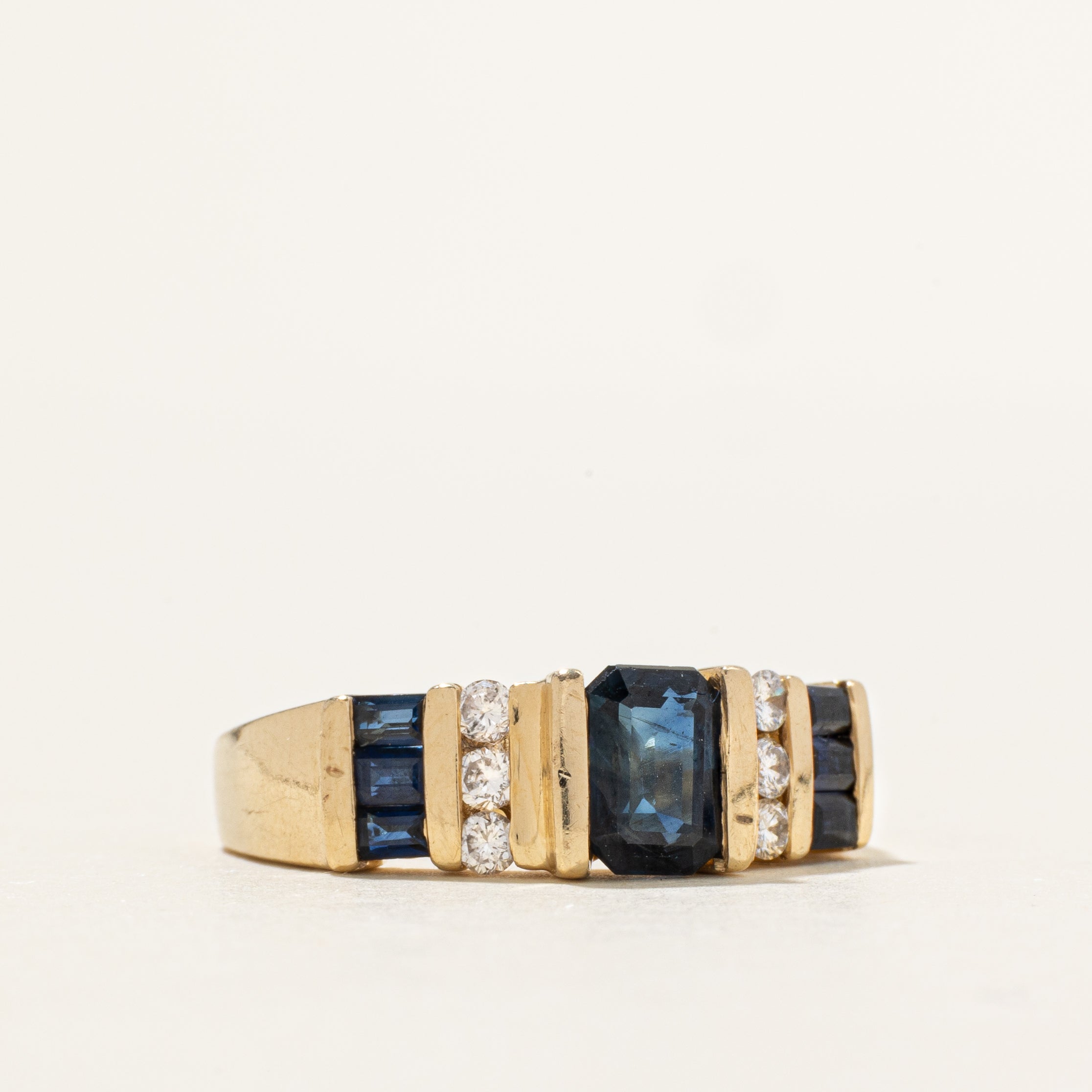 Channel Set Synthetic Sapphire & Natural Diamond Ring | 1.35ctw, 0.09ctw | SZ 8.25