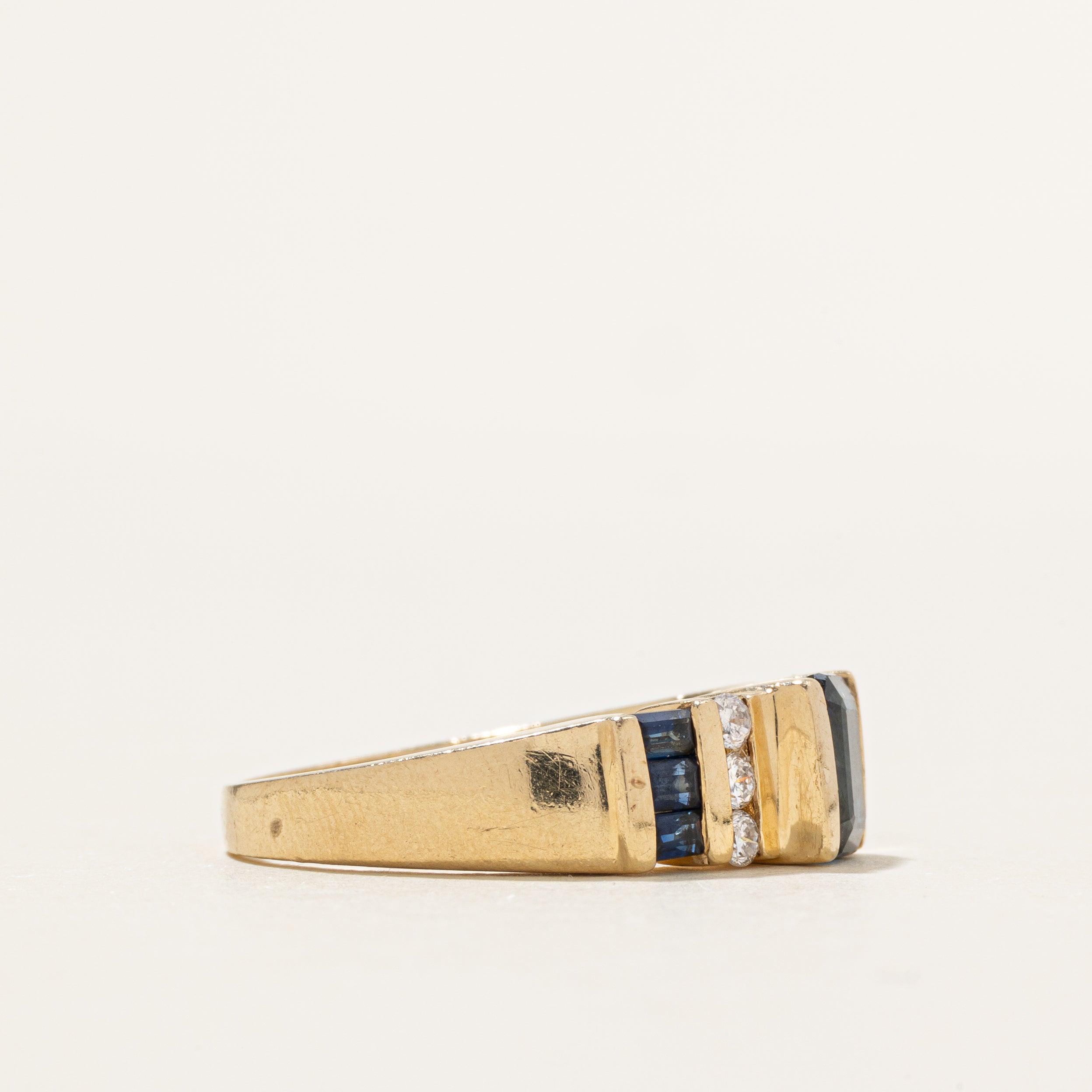 Channel Set Synthetic Sapphire & Natural Diamond Ring | 1.35ctw, 0.09ctw | SZ 8.25