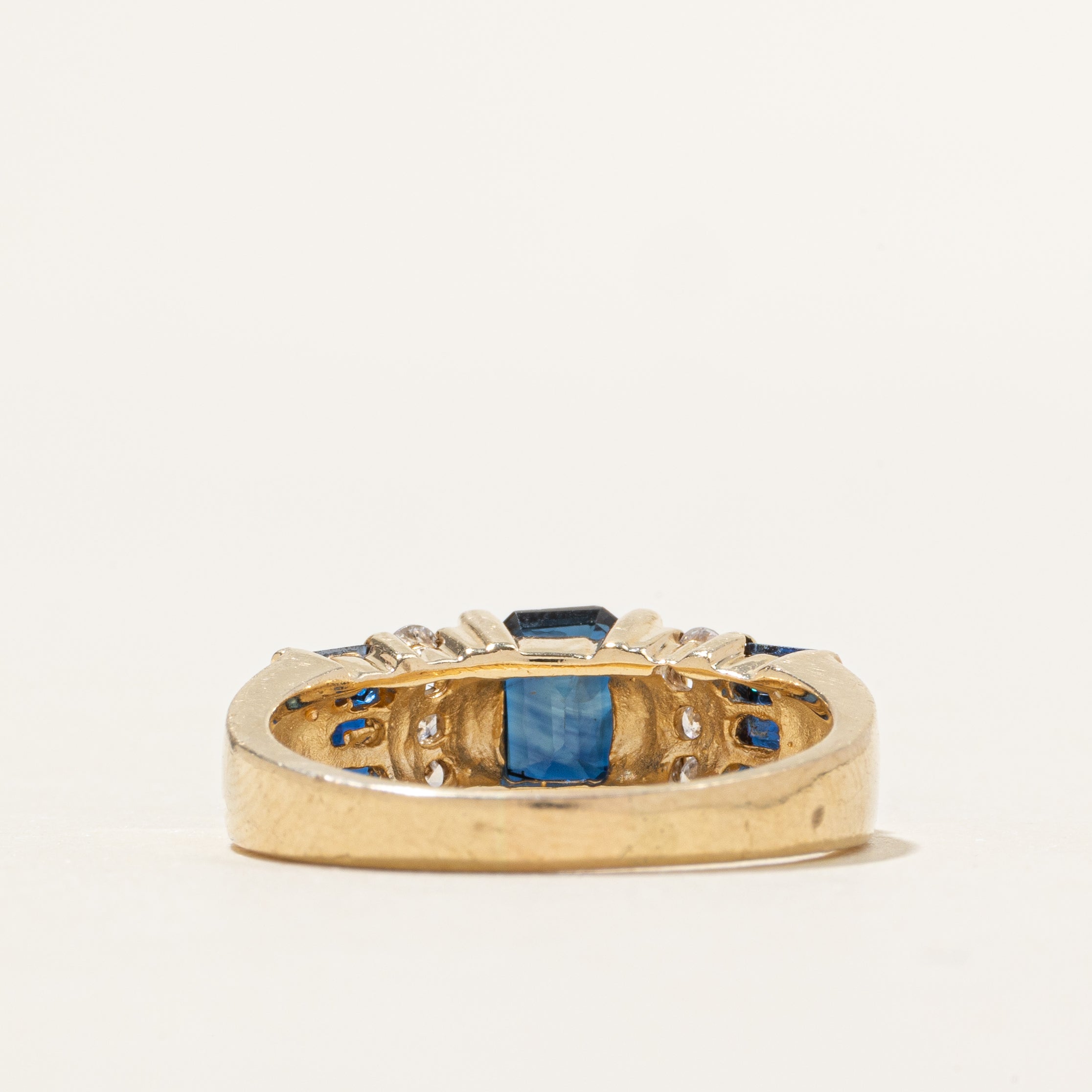 Channel Set Synthetic Sapphire & Natural Diamond Ring | 1.35ctw, 0.09ctw | SZ 8.25