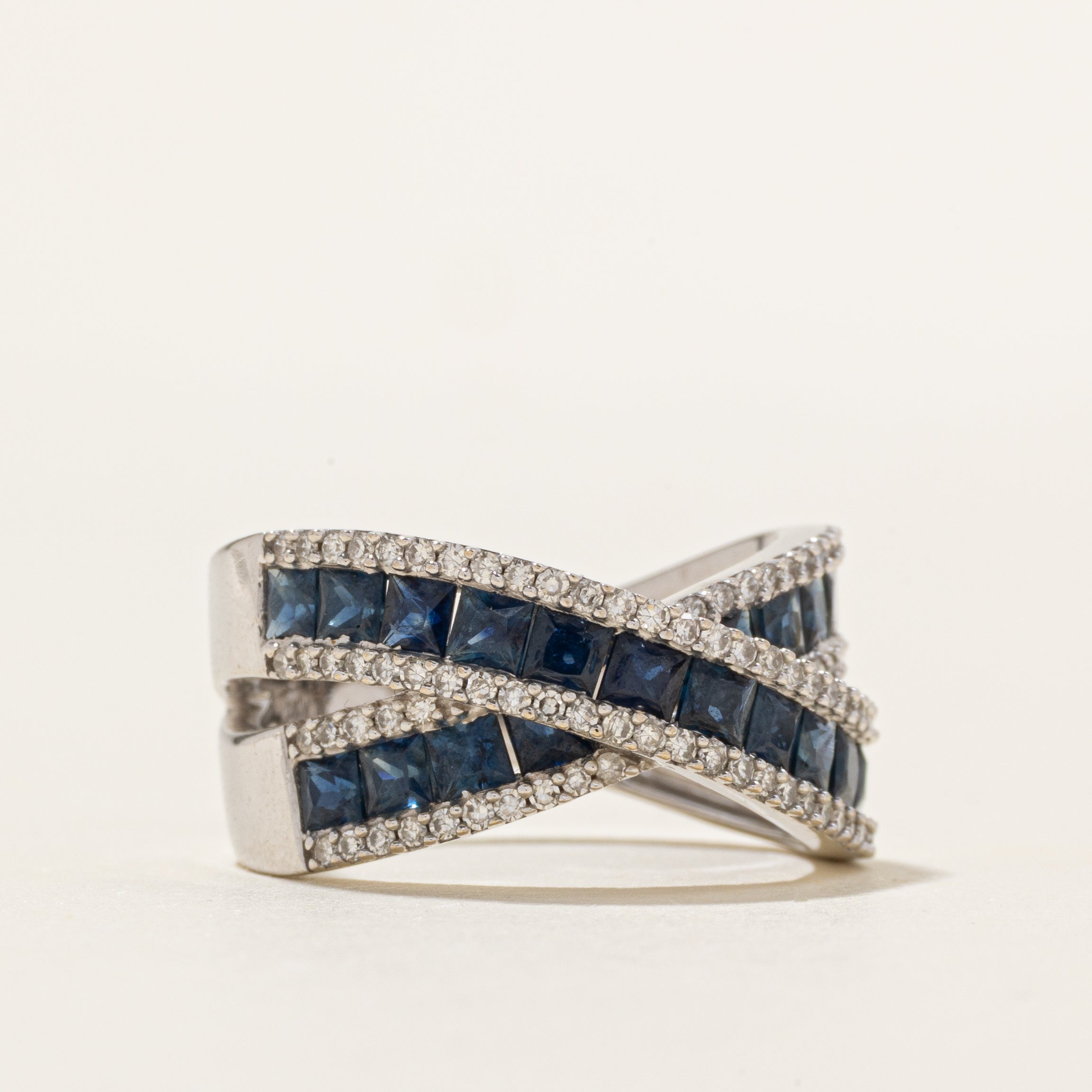 Princess Cut Sapphire & Diamond Cross Over Ring | 1.90ctw, 0.17ctw | SZ 7