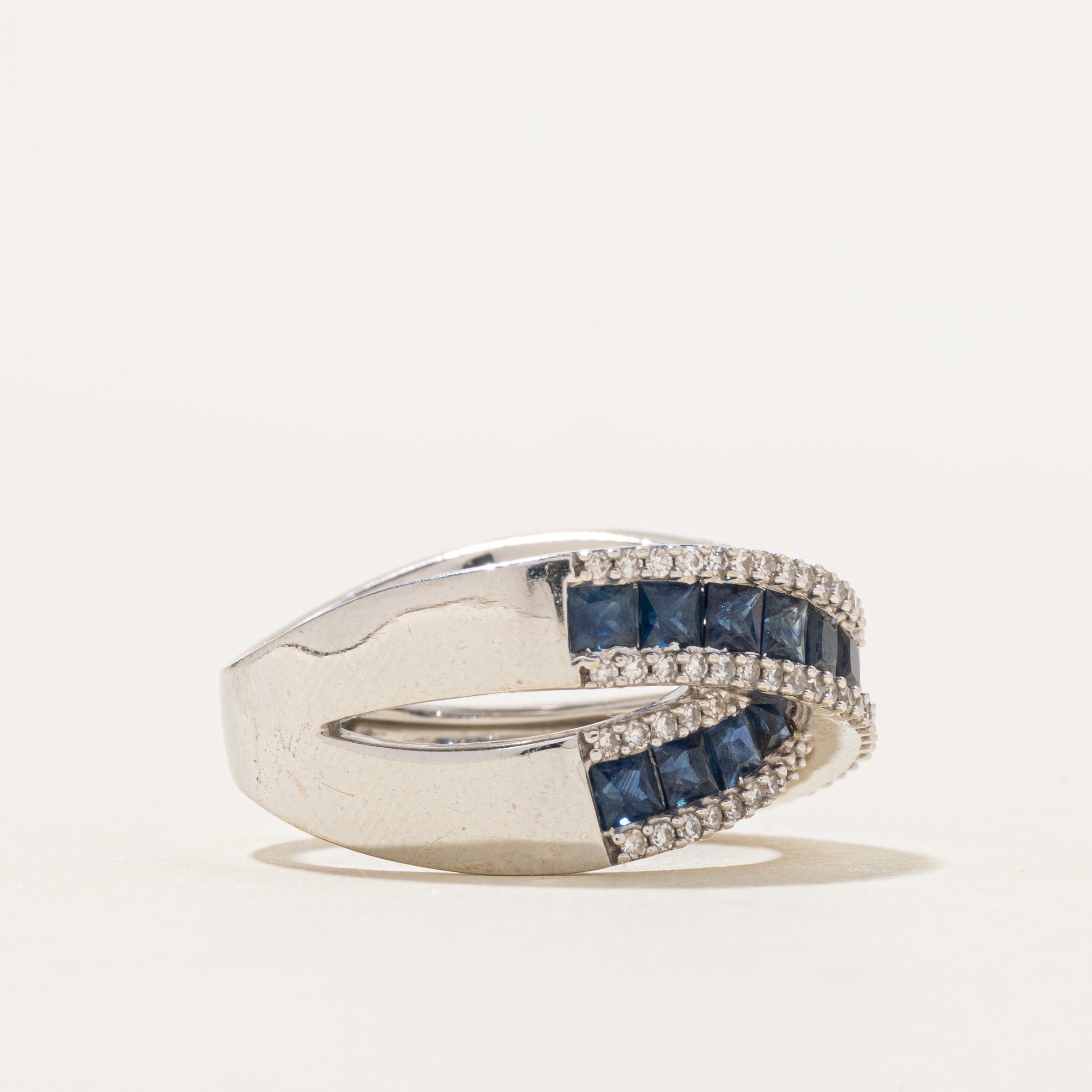 Princess Cut Sapphire & Diamond Cross Over Ring | 1.90ctw, 0.17ctw | SZ 7