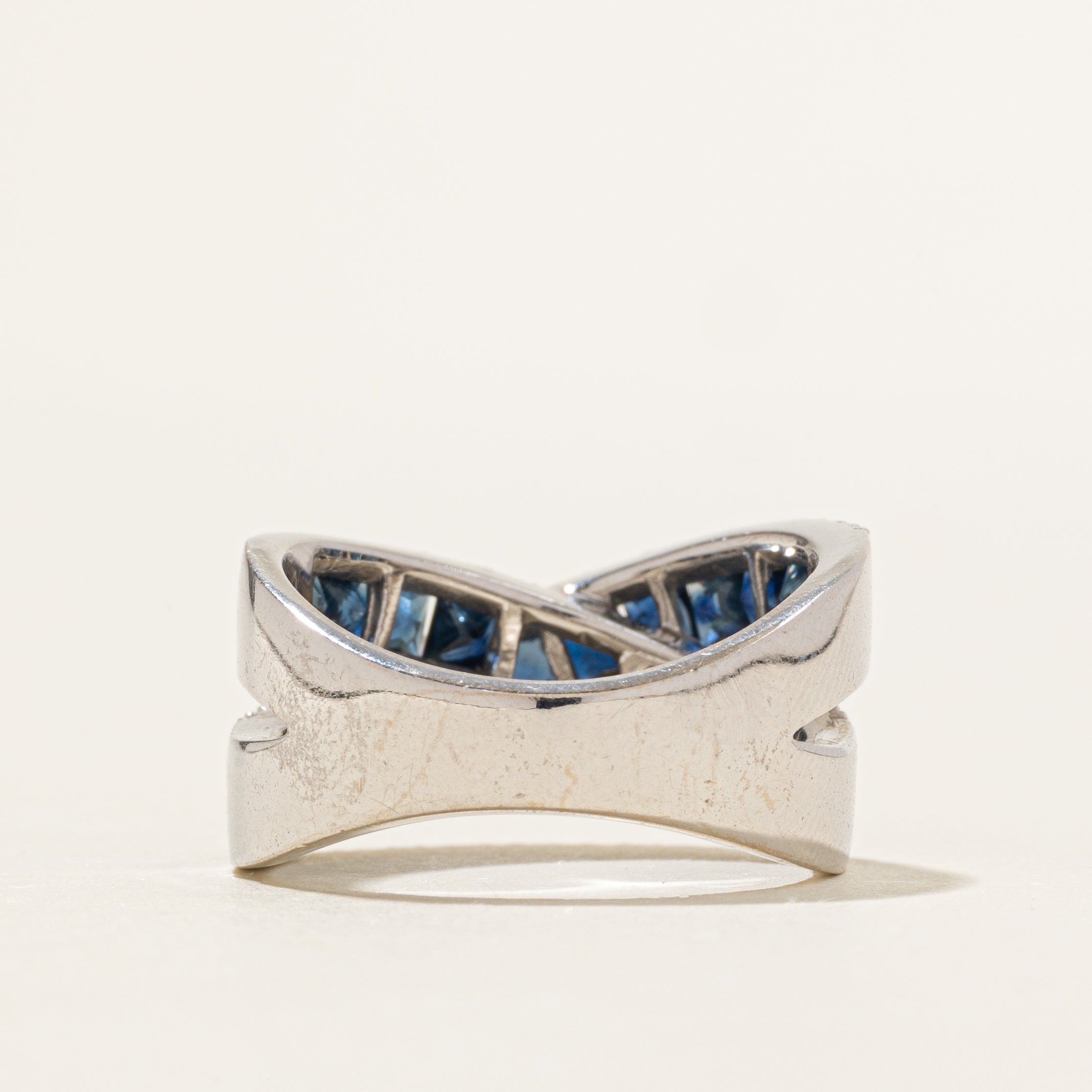 Princess Cut Sapphire & Diamond Cross Over Ring | 1.90ctw, 0.17ctw | SZ 7