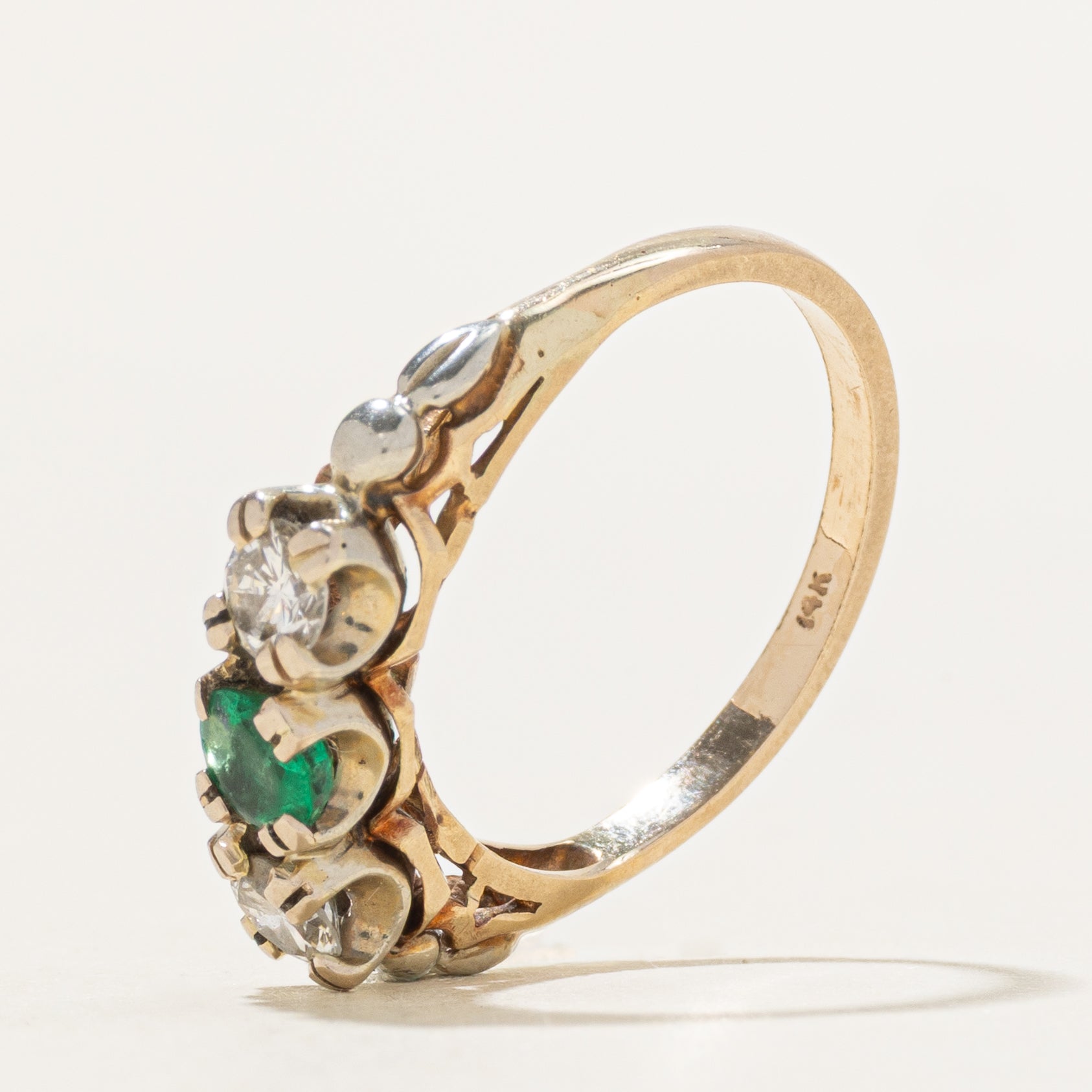 Three Stone Emerald & Diamond Ring | 0.23ct, 0.30ctw | SZ 5.5