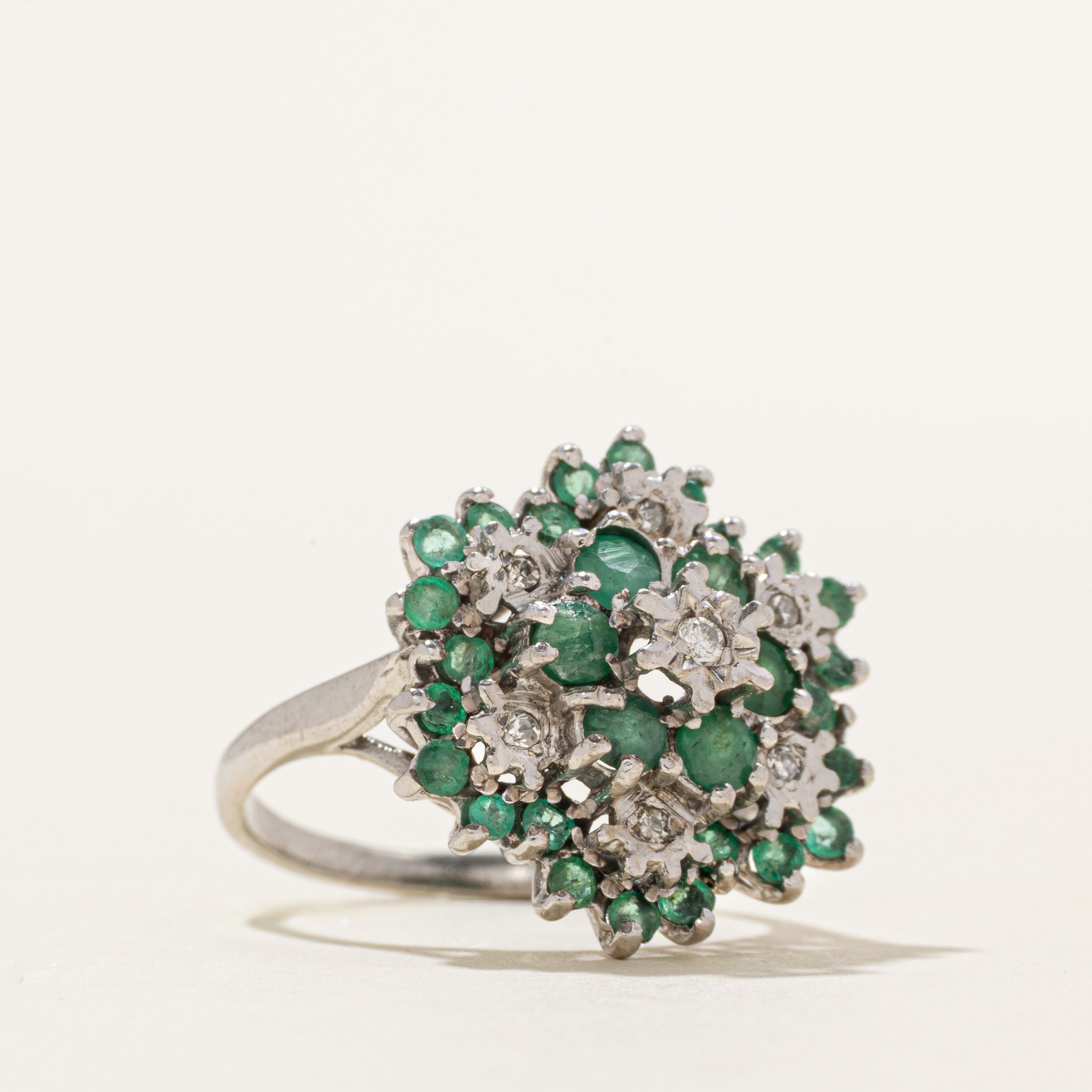 18k Emerald & Diamond Cluster Cocktail Ring | 1.02ctw, 0.06ctw | SZ 6.5