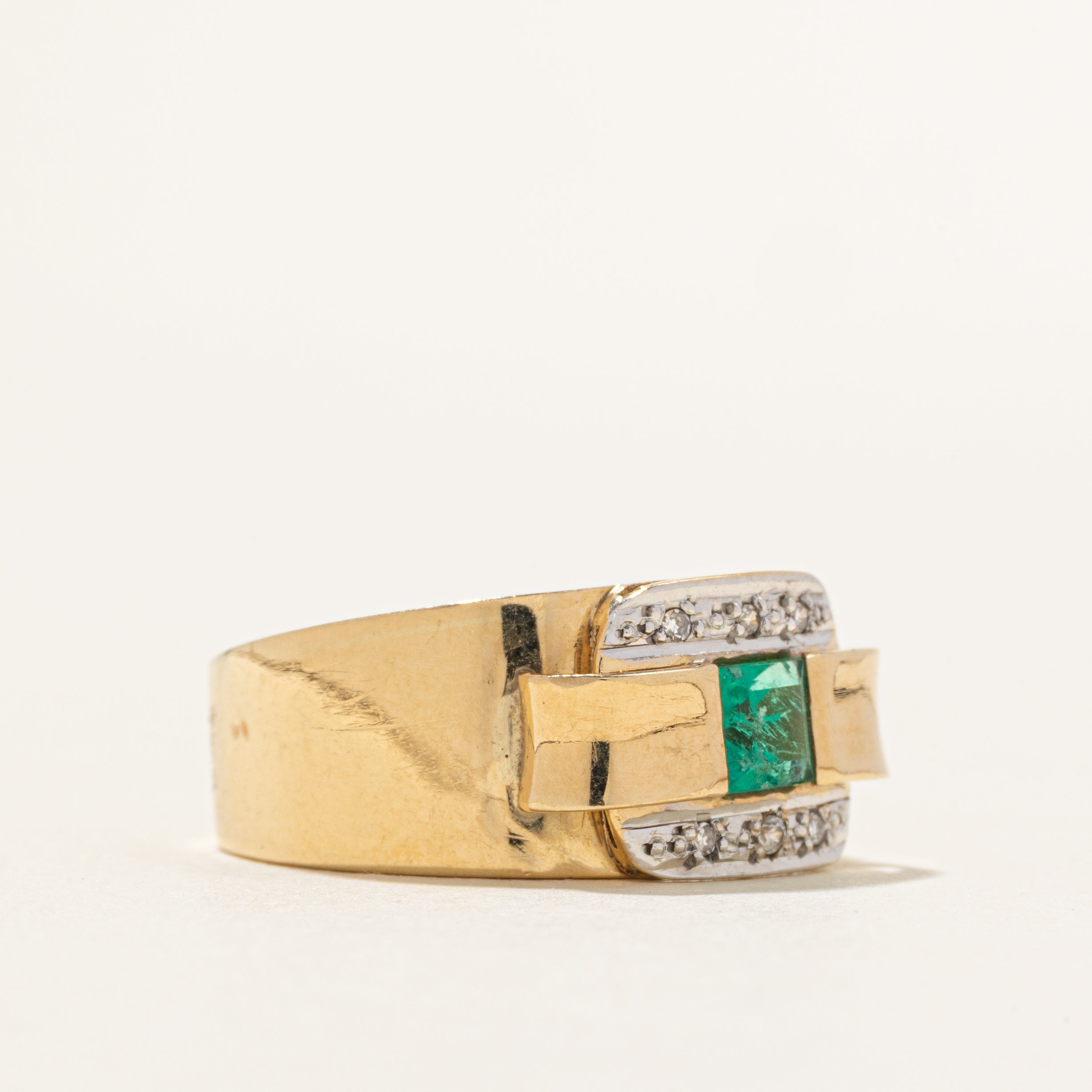 18k Step Cut Emerald & Diamond Chunky Ring | 0.27ct, 0.03ctw | SZ 7.5