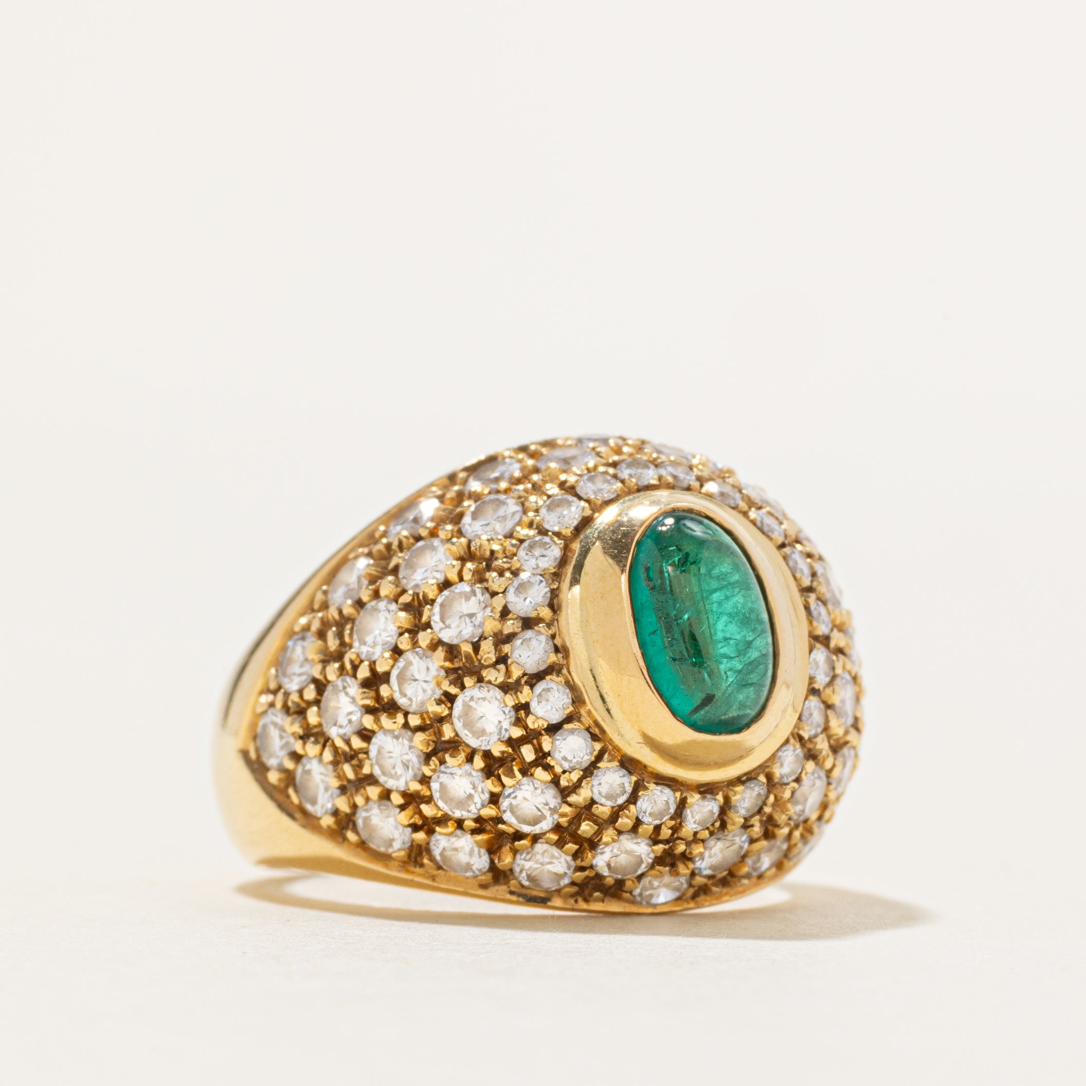 18k Cabochon Emerald & Diamond Dome Ring | 0.70ct, 1.55ctw | SZ 5.5