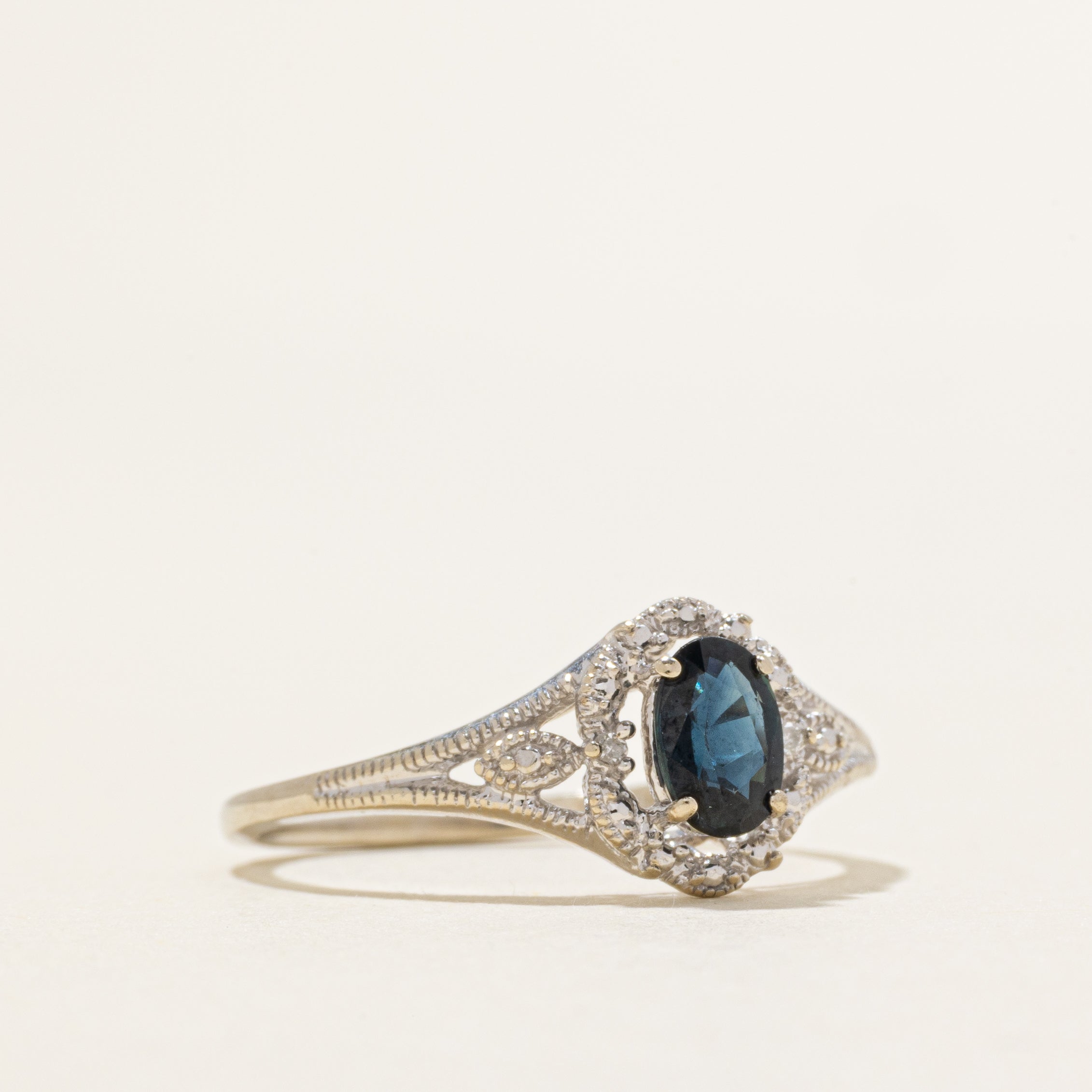 Sapphire & Diamond Halo Ornate Ring | 0.52ct, 0.004ctw | SZ 7