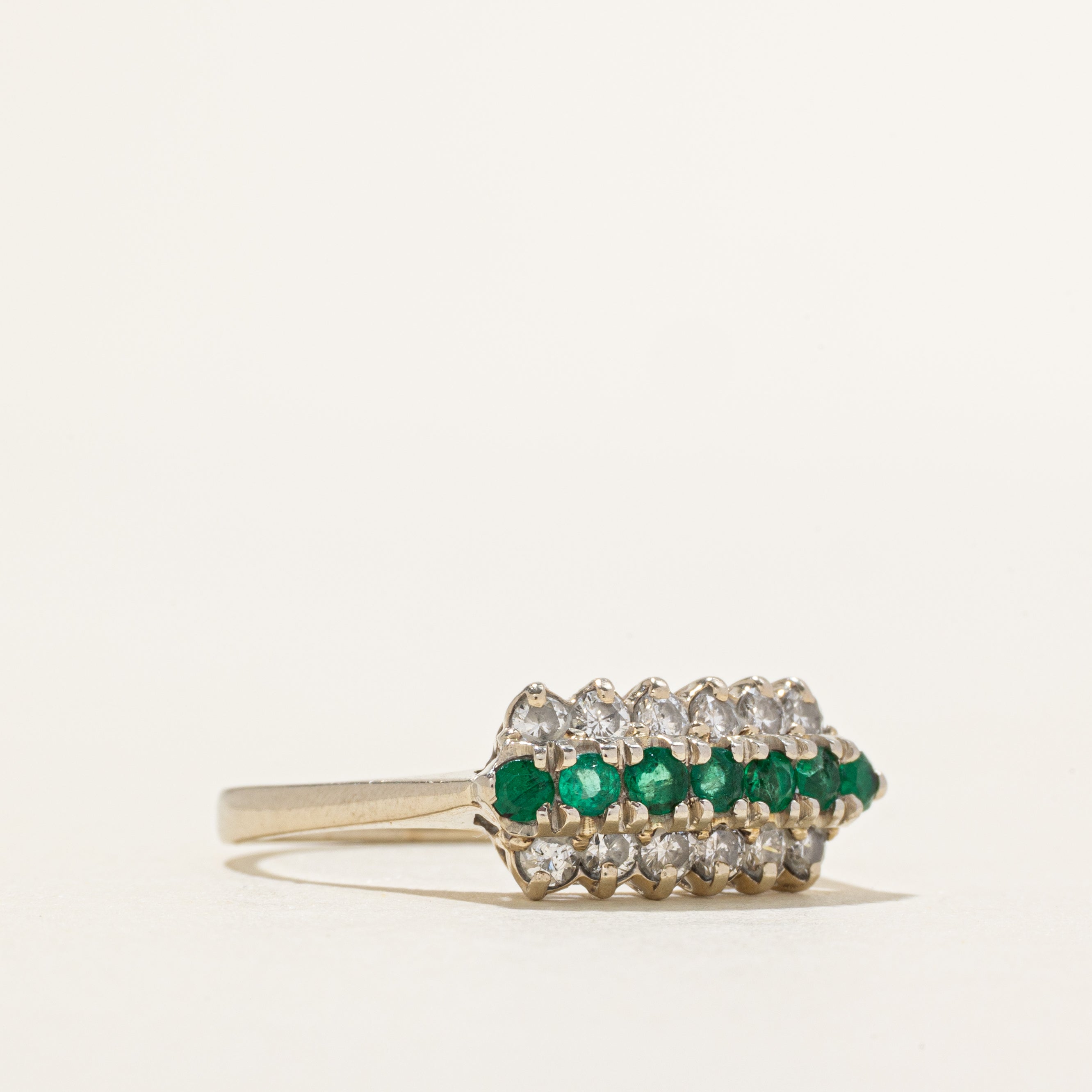 White Gold Multi Row Emerald & Diamond Ring | 0.28ctw, 0.29ctw | SZ 9