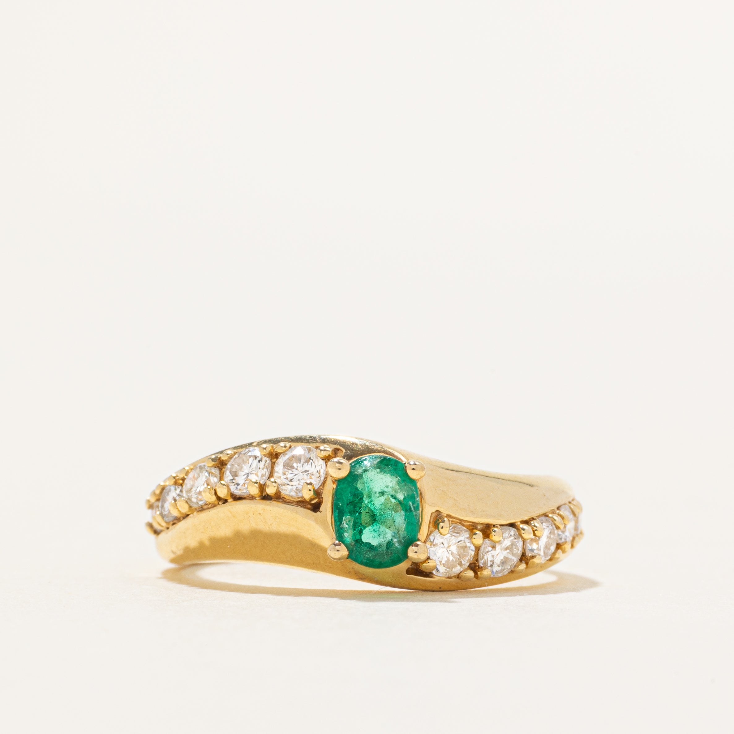 18k Emerald & Diamond Wavy Ring | 0.26ct, 0.35ctw | SZ 6