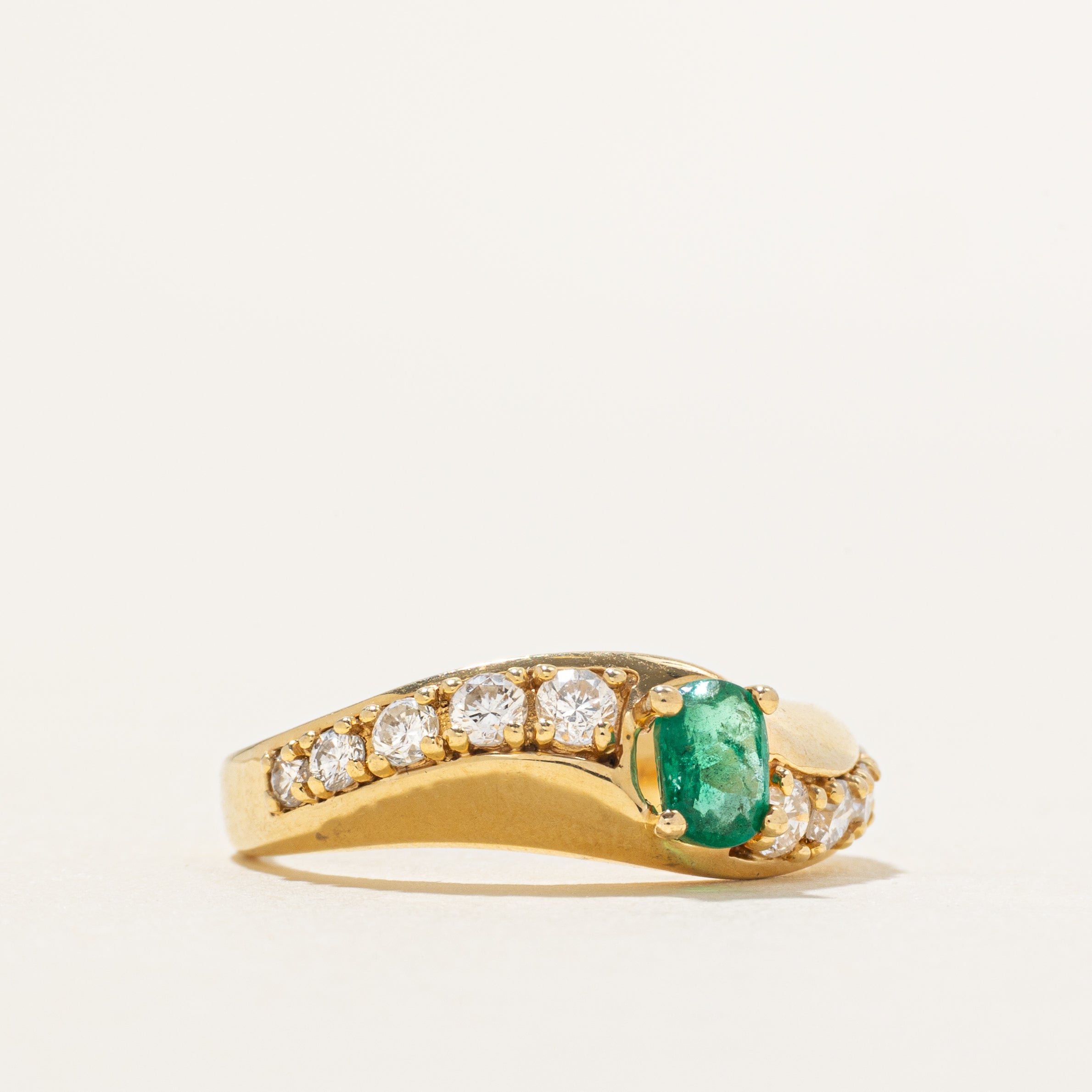 18k Emerald & Diamond Wavy Ring | 0.26ct, 0.35ctw | SZ 6