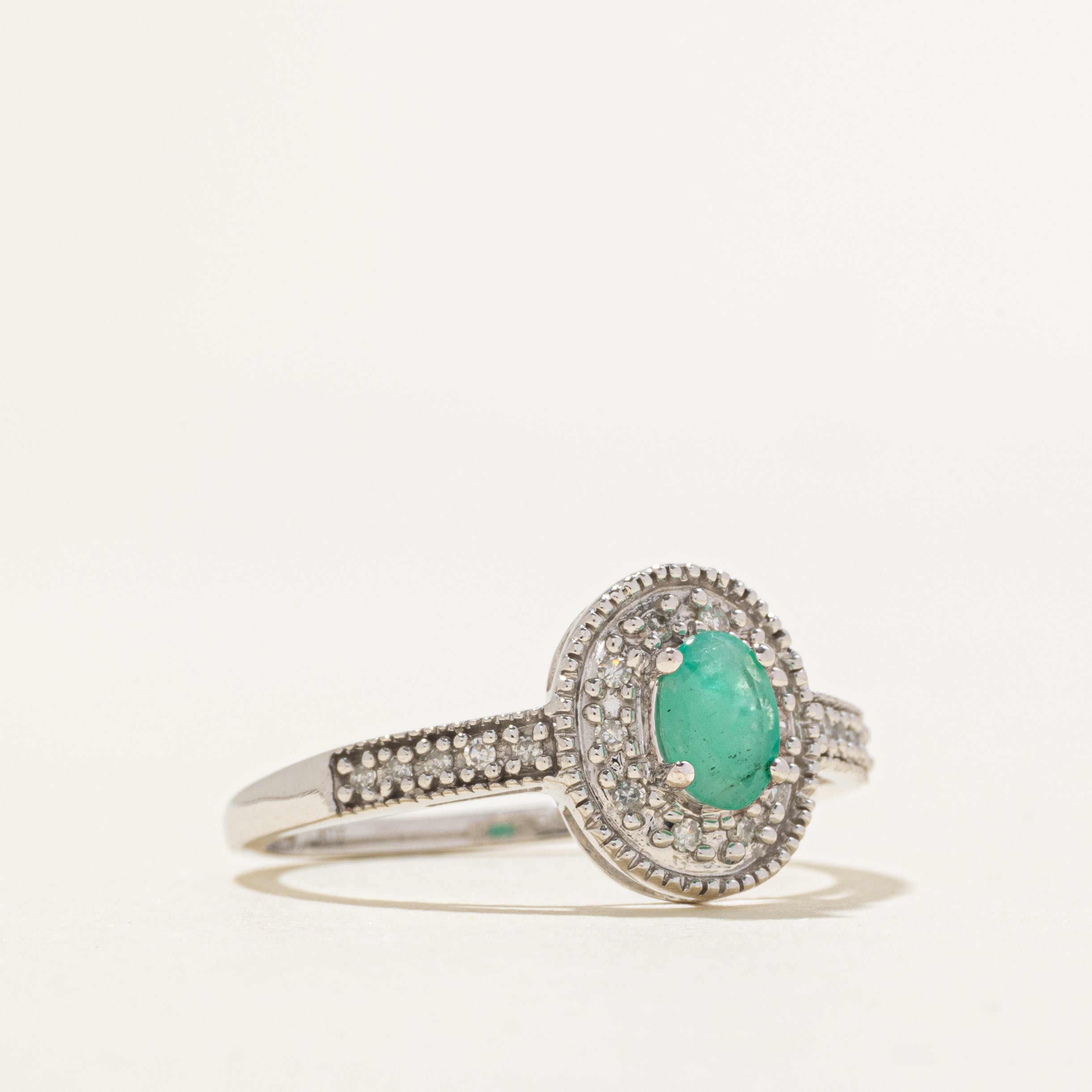 Oval Cut Emerald & Diamond Halo Ring | 0.36ct, 0.10ctw | SZ 9