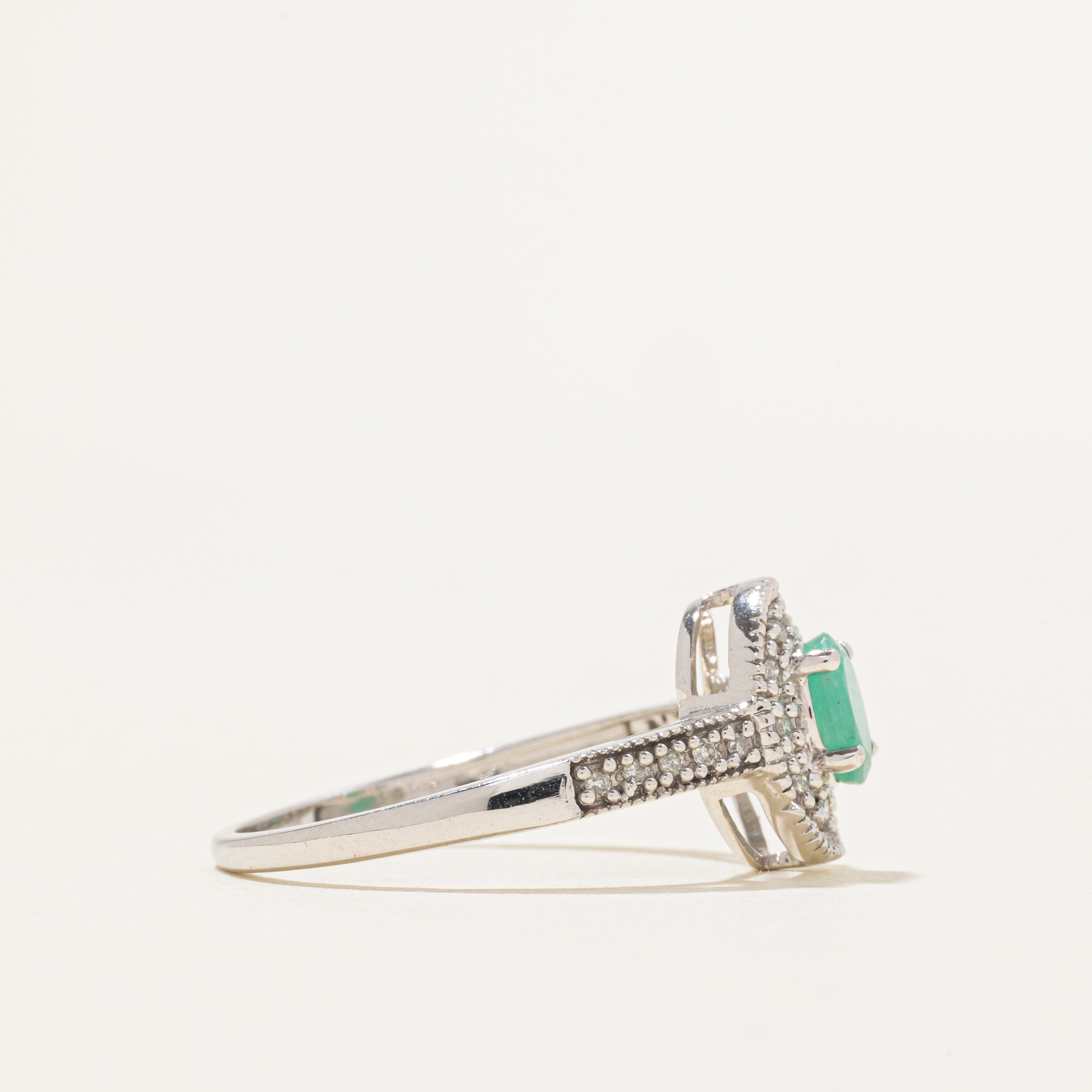 Oval Cut Emerald & Diamond Halo Ring | 0.36ct, 0.10ctw | SZ 9