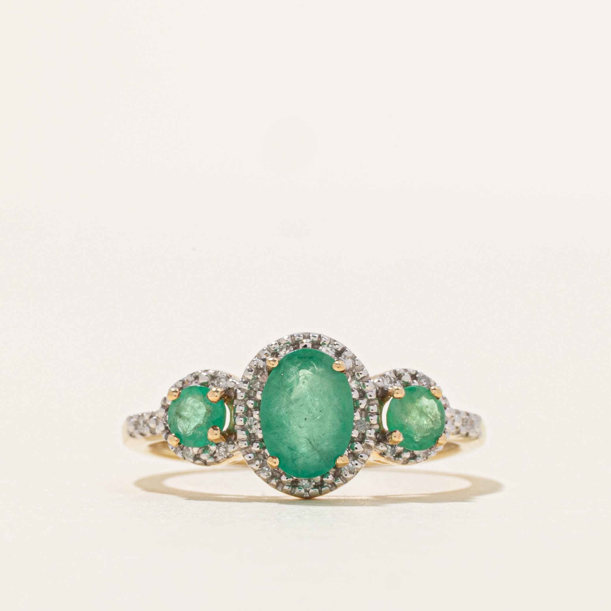 Three Stone Emerald & Diamond Halo Ring | 0.85ctw, 0.06ctw | SZ 7