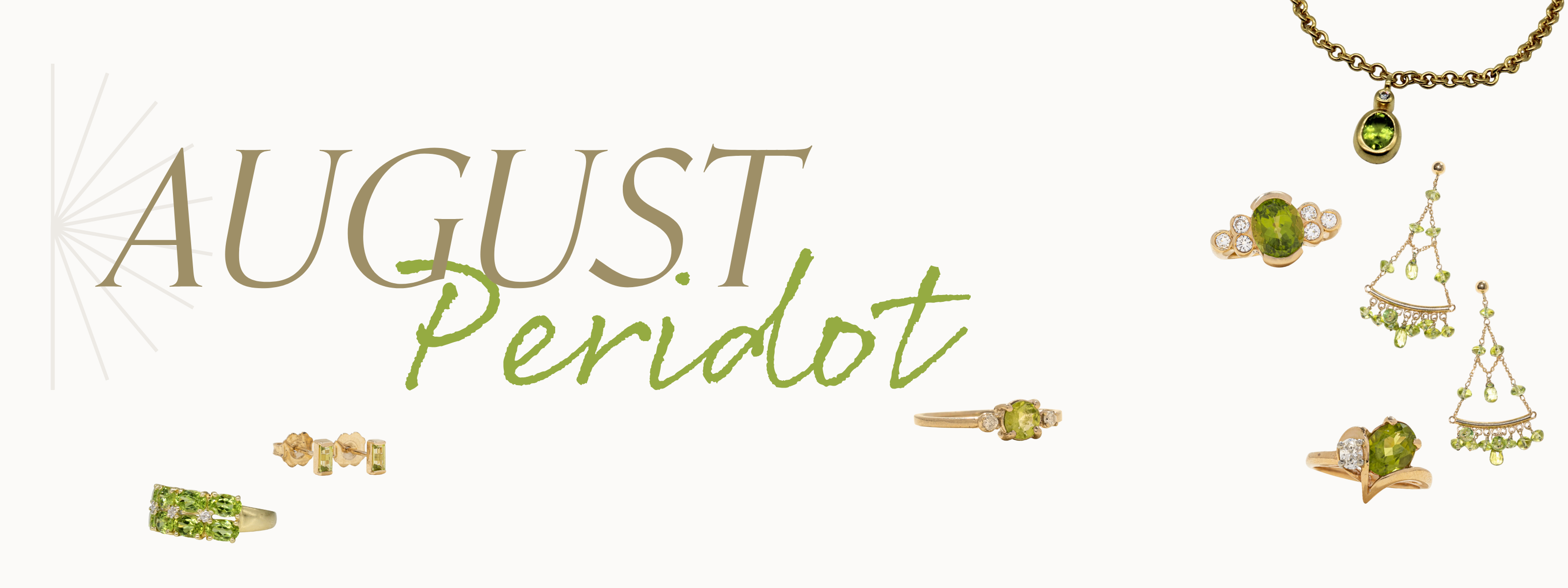 Assorted vintage jewelry featuring peridot gemstones with 'August Peridot' text on a cream background
