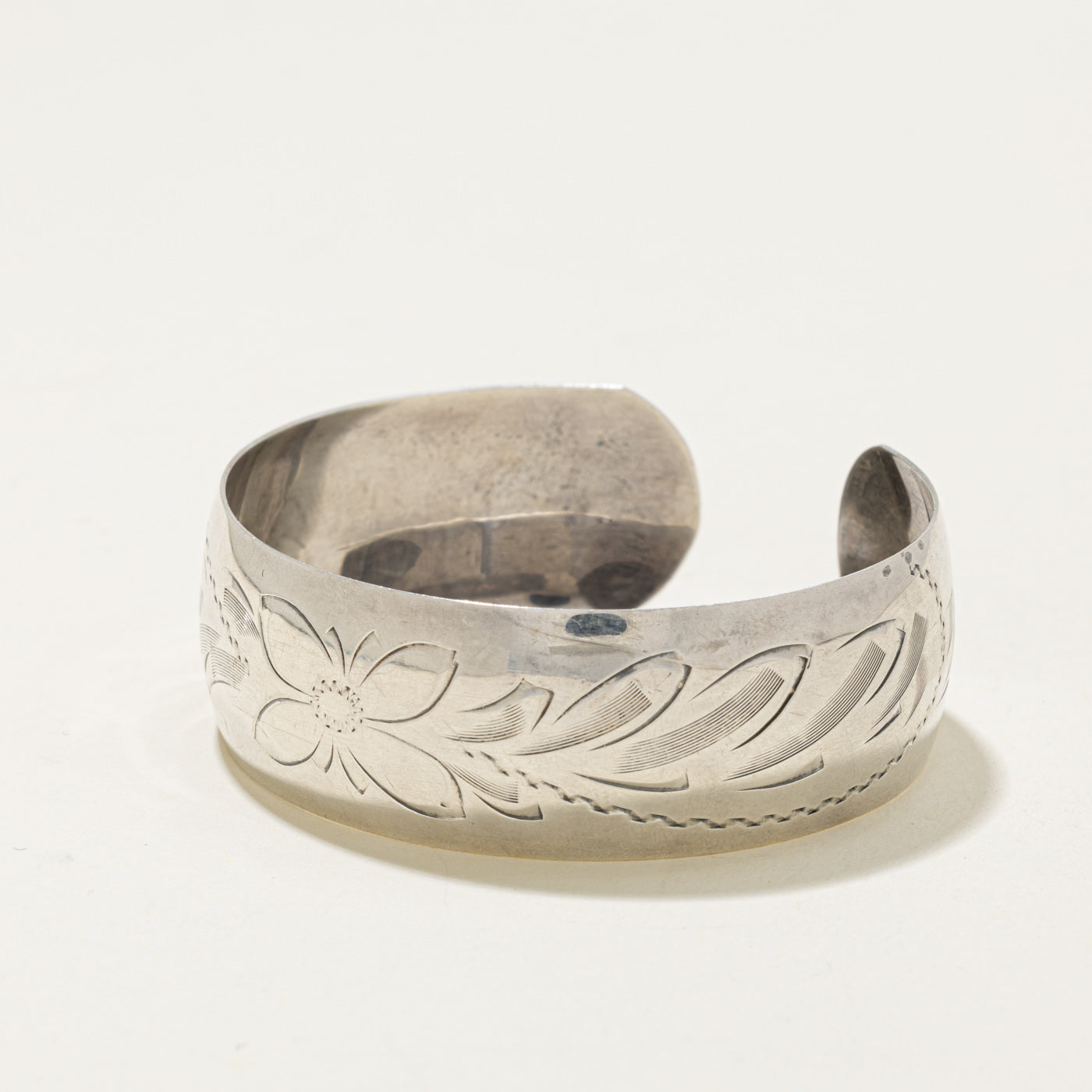 Sterling Silver Floral Engraved Cuff Bracelet | 6"