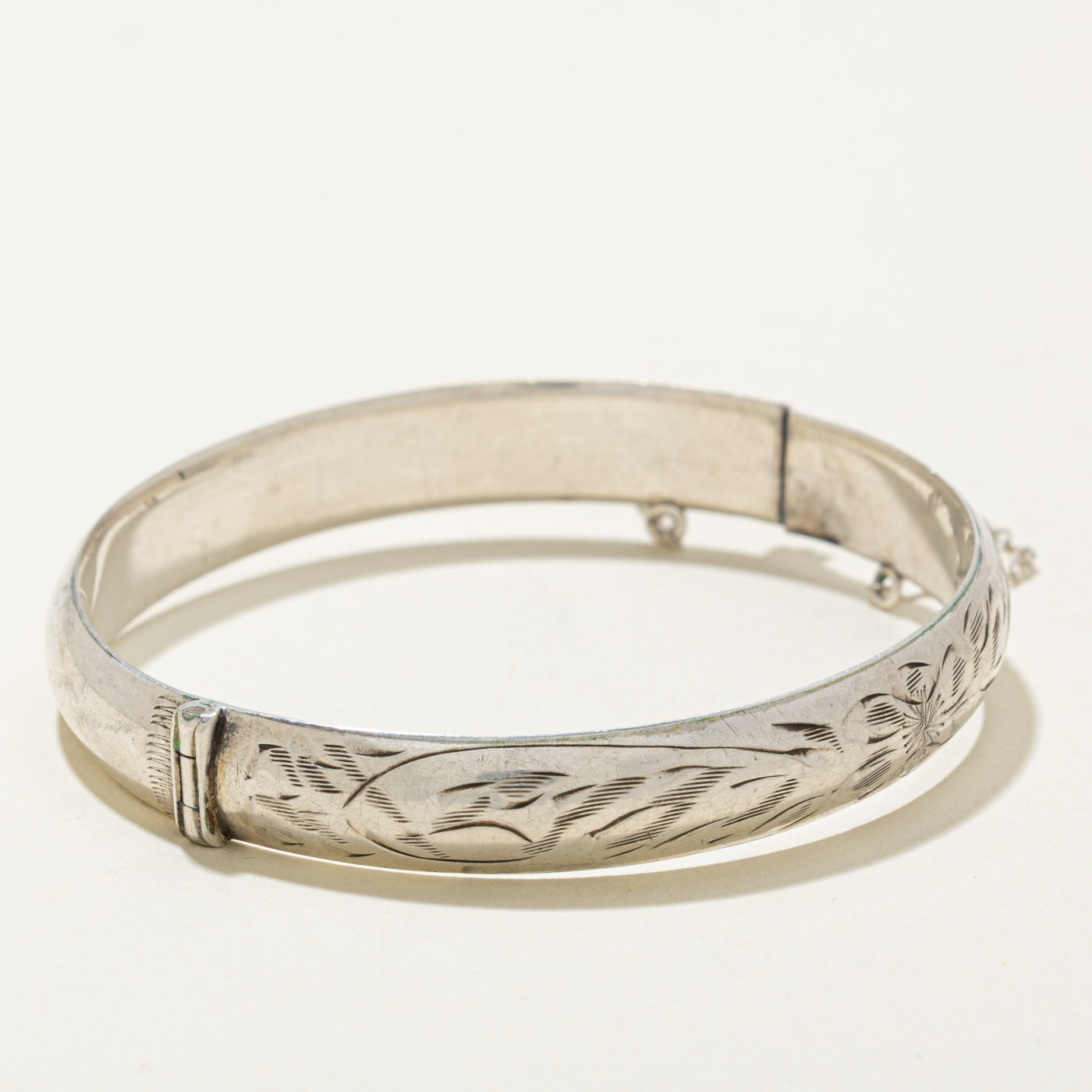 Sterling Silver Floral Engraved Bangle Bracelet | 7"