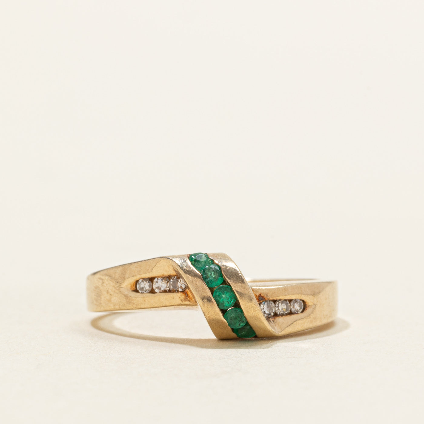 Channel Set Emerald & Diamond Cross Over Ring | SZ 6.25