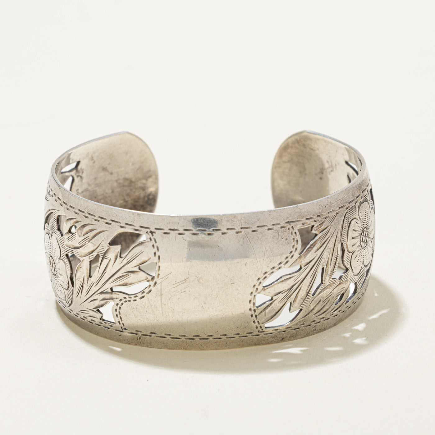 Sterling Silver Floral Engraved Openwork Cuff Bracelet | 6.25"