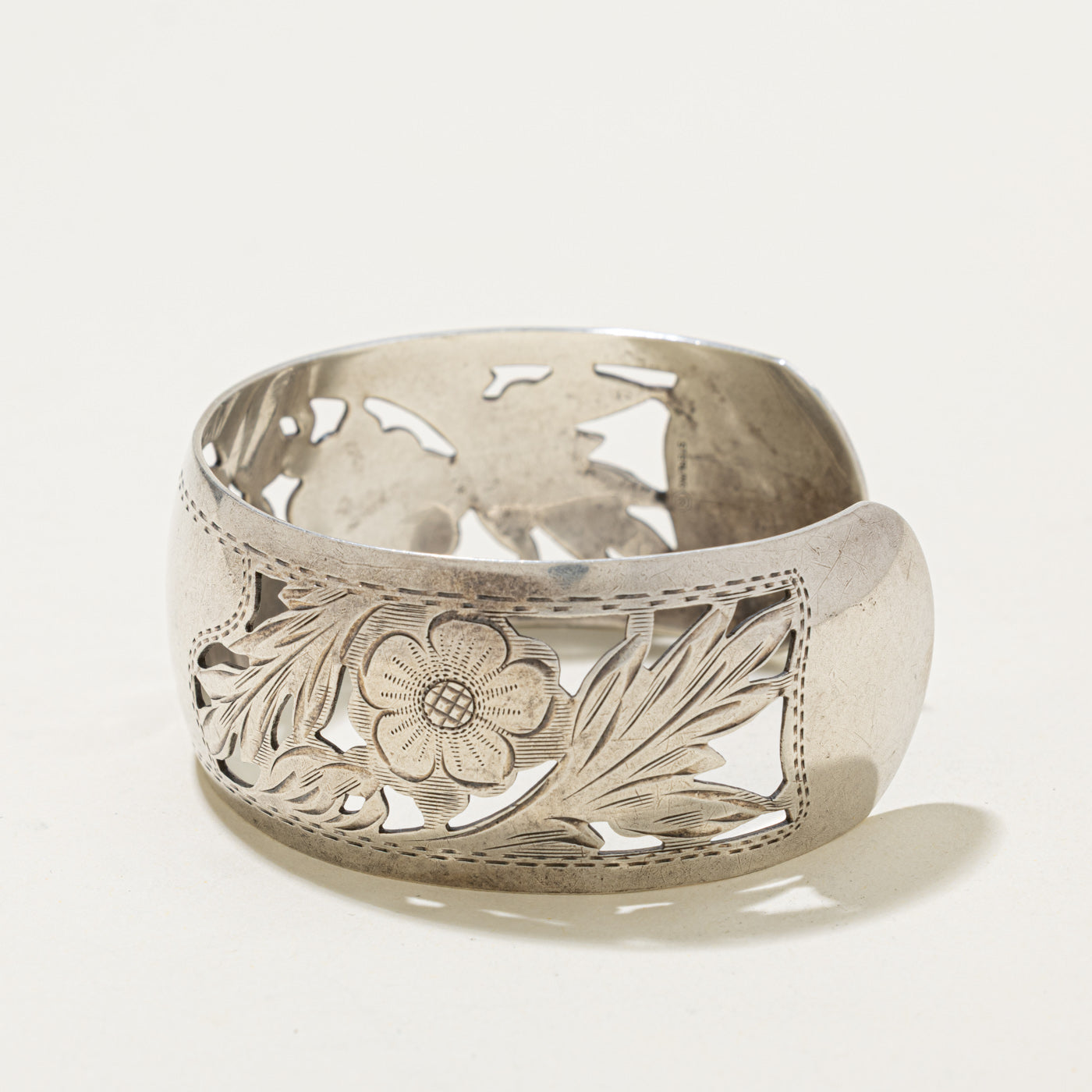 Sterling Silver Floral Engraved Openwork Cuff Bracelet | 6.25"