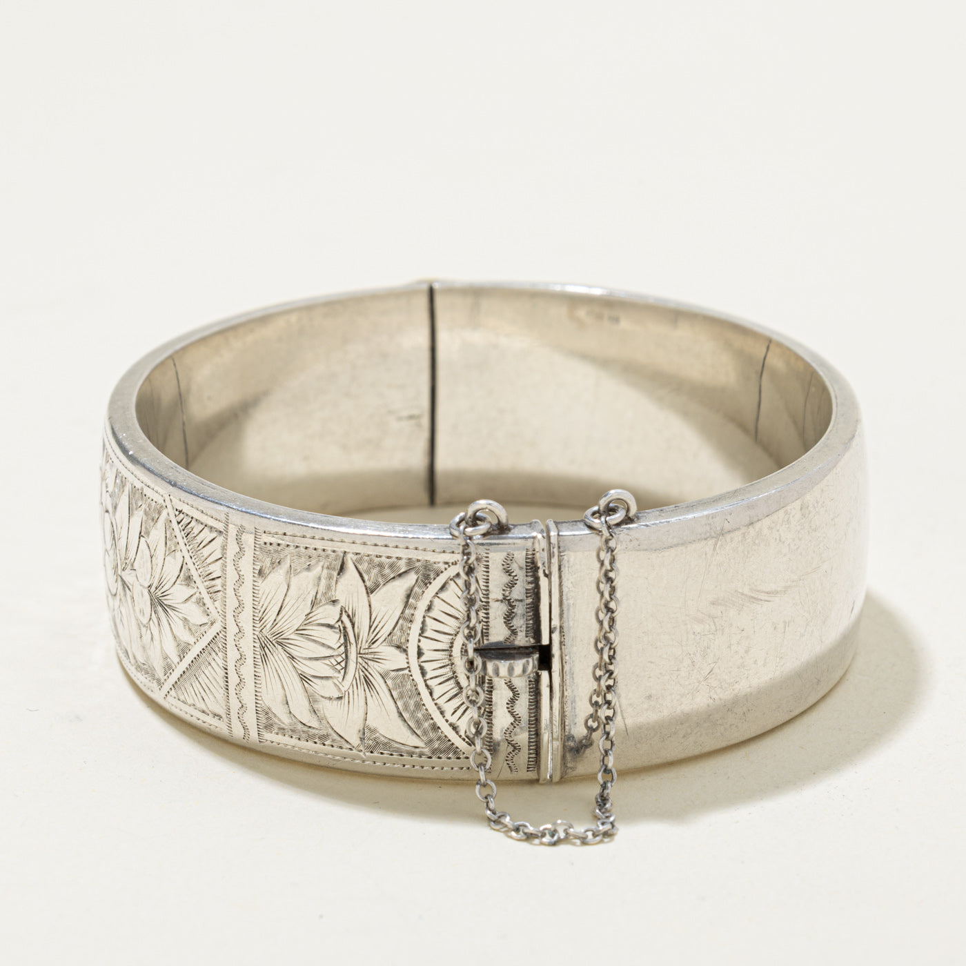 ‘Birks’ Sterling Silver Floral Engraved Bangle Bracelet | 7"