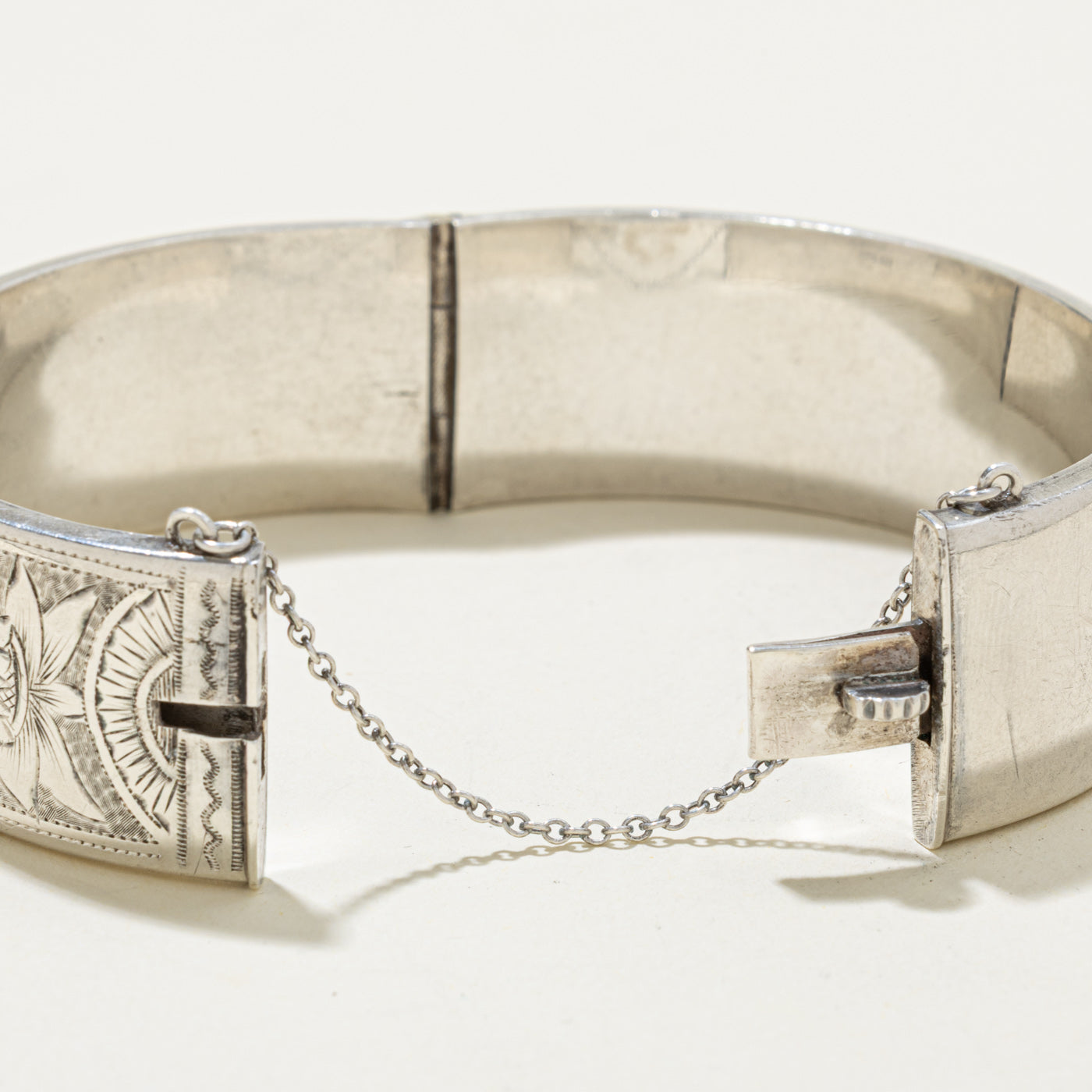 ‘Birks’ Sterling Silver Floral Engraved Bangle Bracelet | 7"