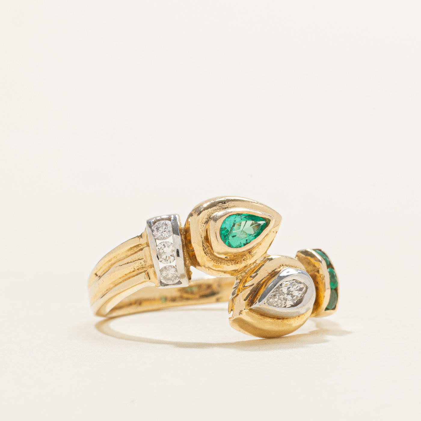 Pear Cut Emerald & Diamond Bypass Ring | 0.16ctw | SZ 7.5