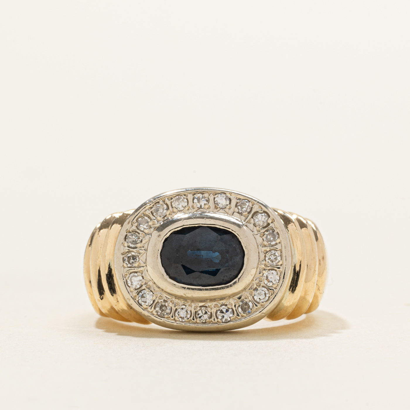 Sapphire & Diamond Halo Grooved Chunky Ring | 0.80ct, 0.10ctw | SZ 5.5