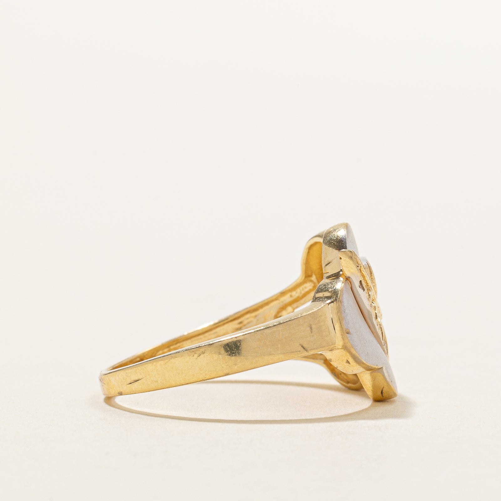 18k Two Tone Gold Engraved Leaf Ring | SZ 9.25