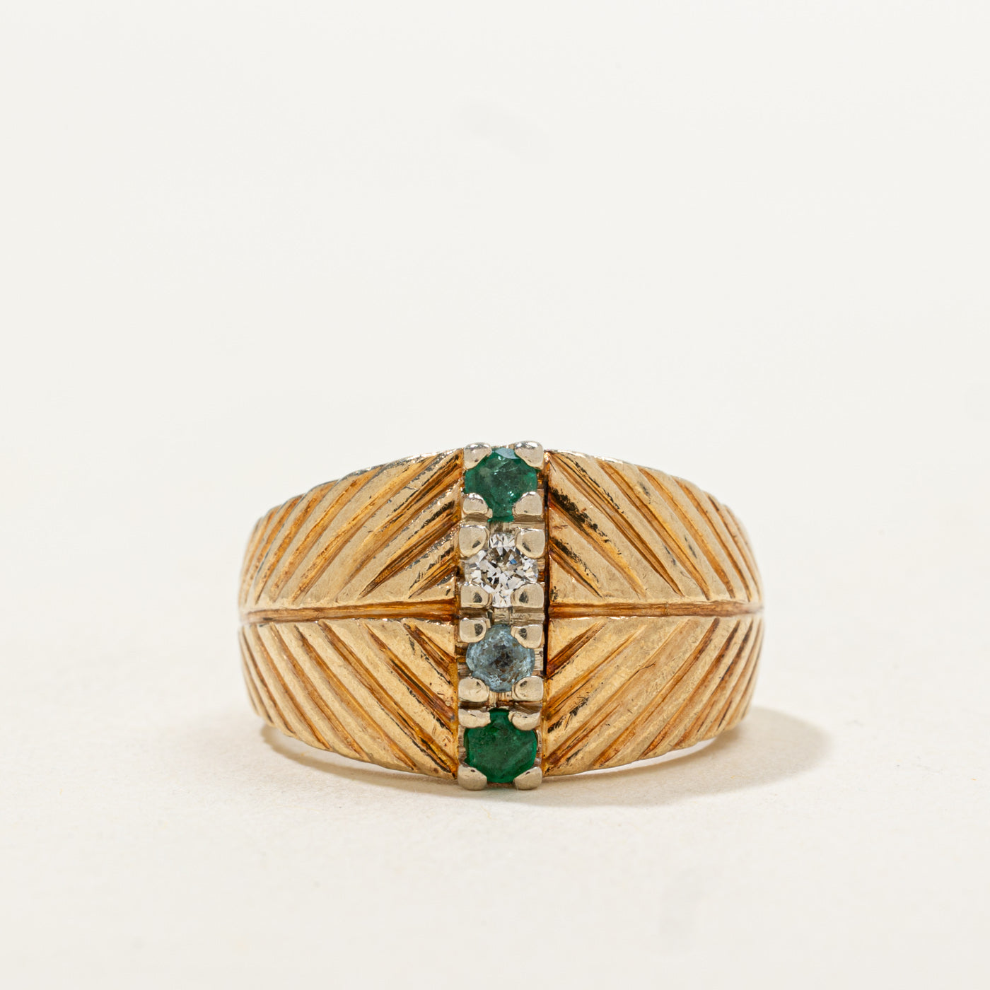 Emerald, Aquamarine & Diamond Column Textured Band | 0.22, 0.08ctw | SZ 6.5 |