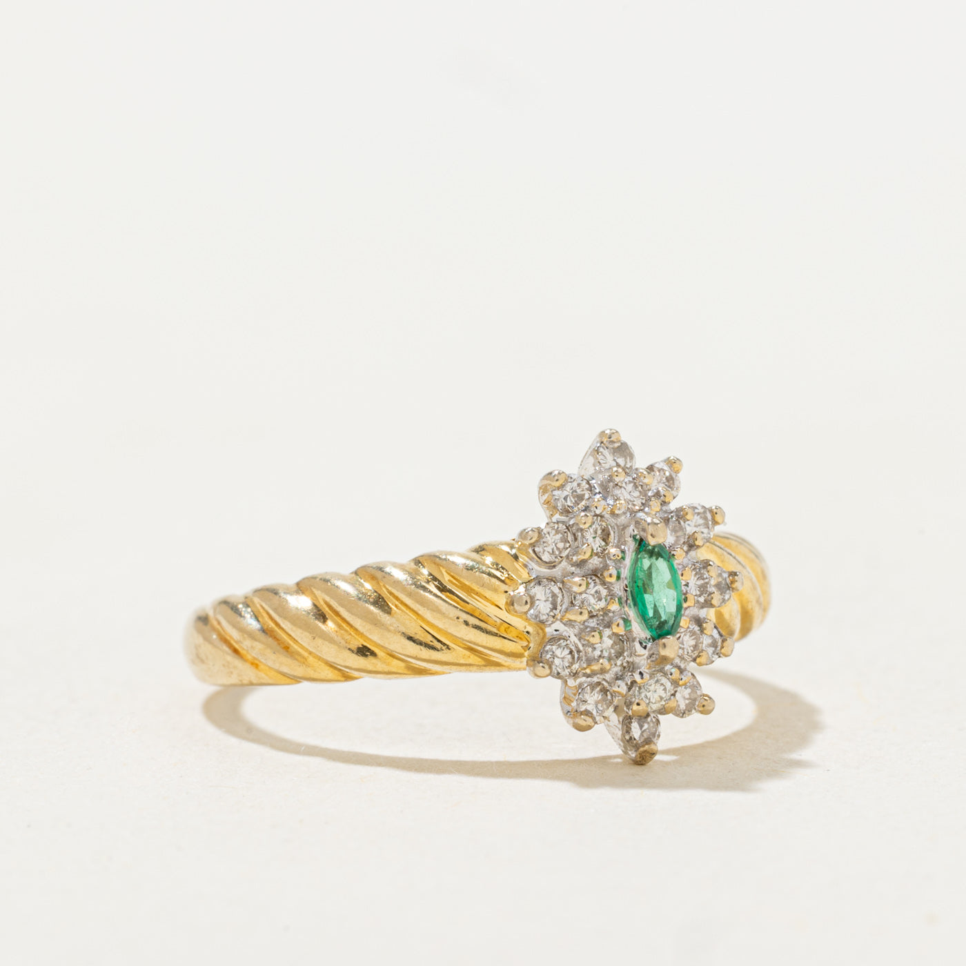 Emerald & Diamond Cluster Petal Twisted Ring | 0.1ctw | SZ 6.5 |