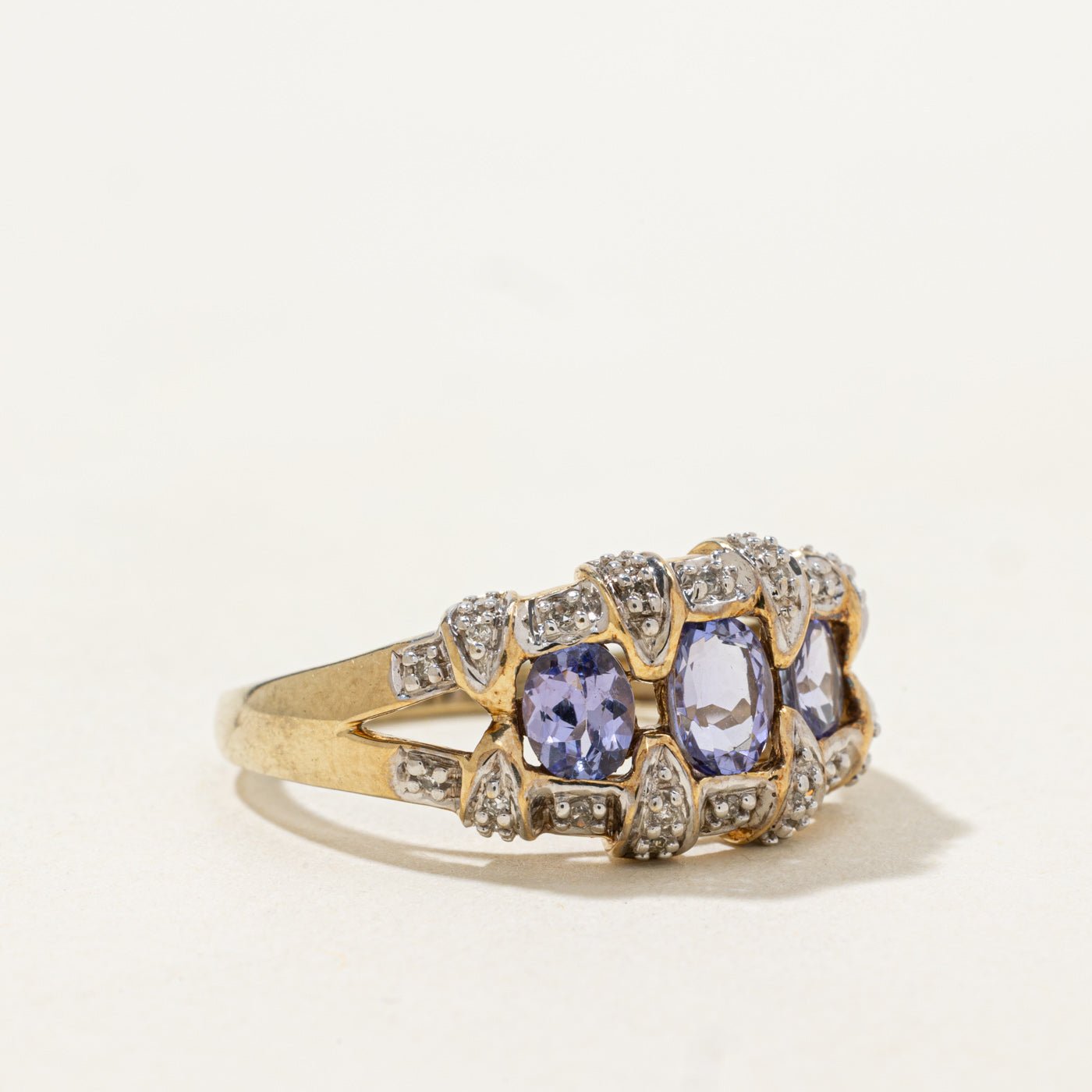 Three Stone Tanzanite & Diamond Accented Ring | 1.0ctw, 0.16ctw | SZ 9.0 |