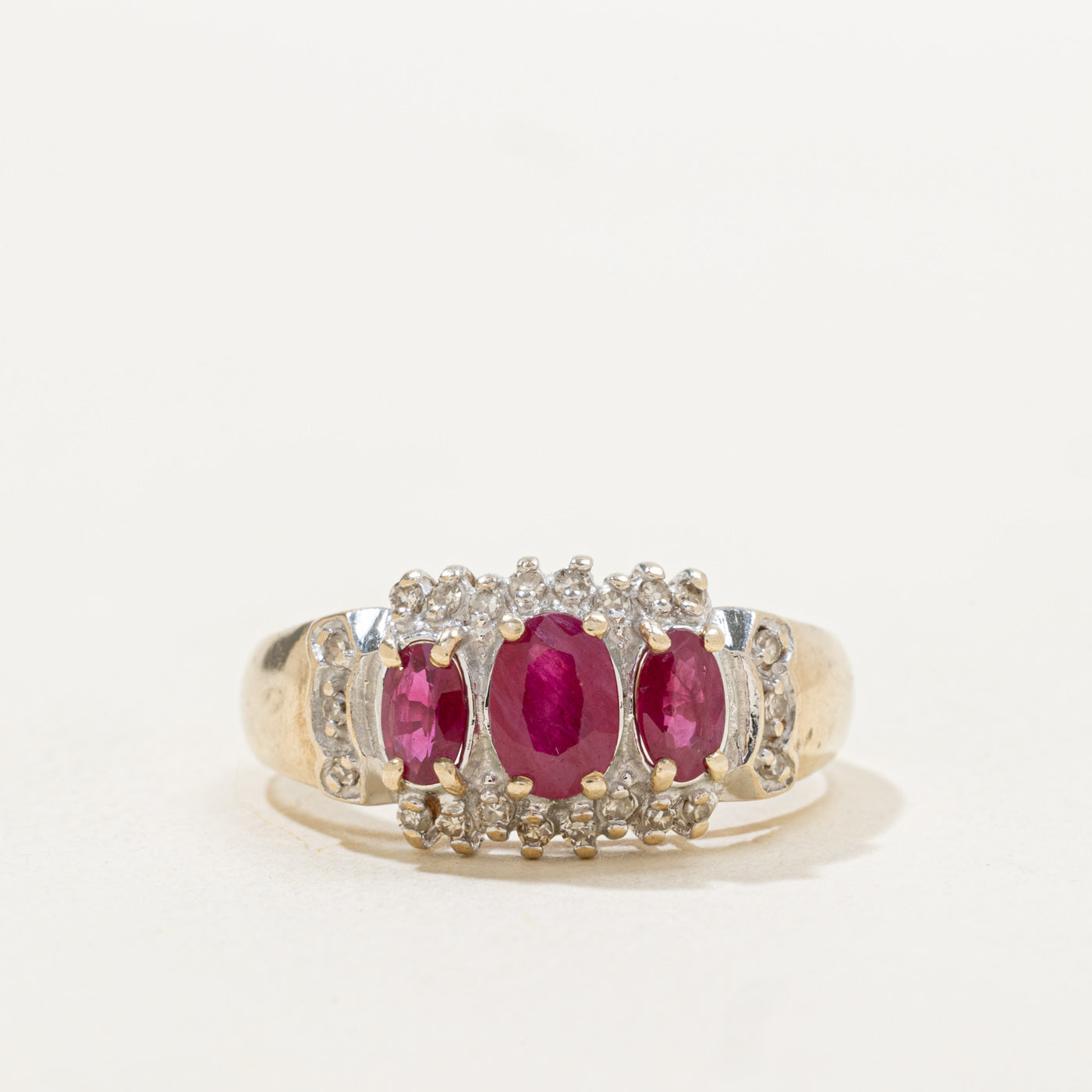Three Stone Synthetic Ruby & Natural Diamond Cocktail Ring | 0.88ctw, 0.11ctw | SZ 8.25 |