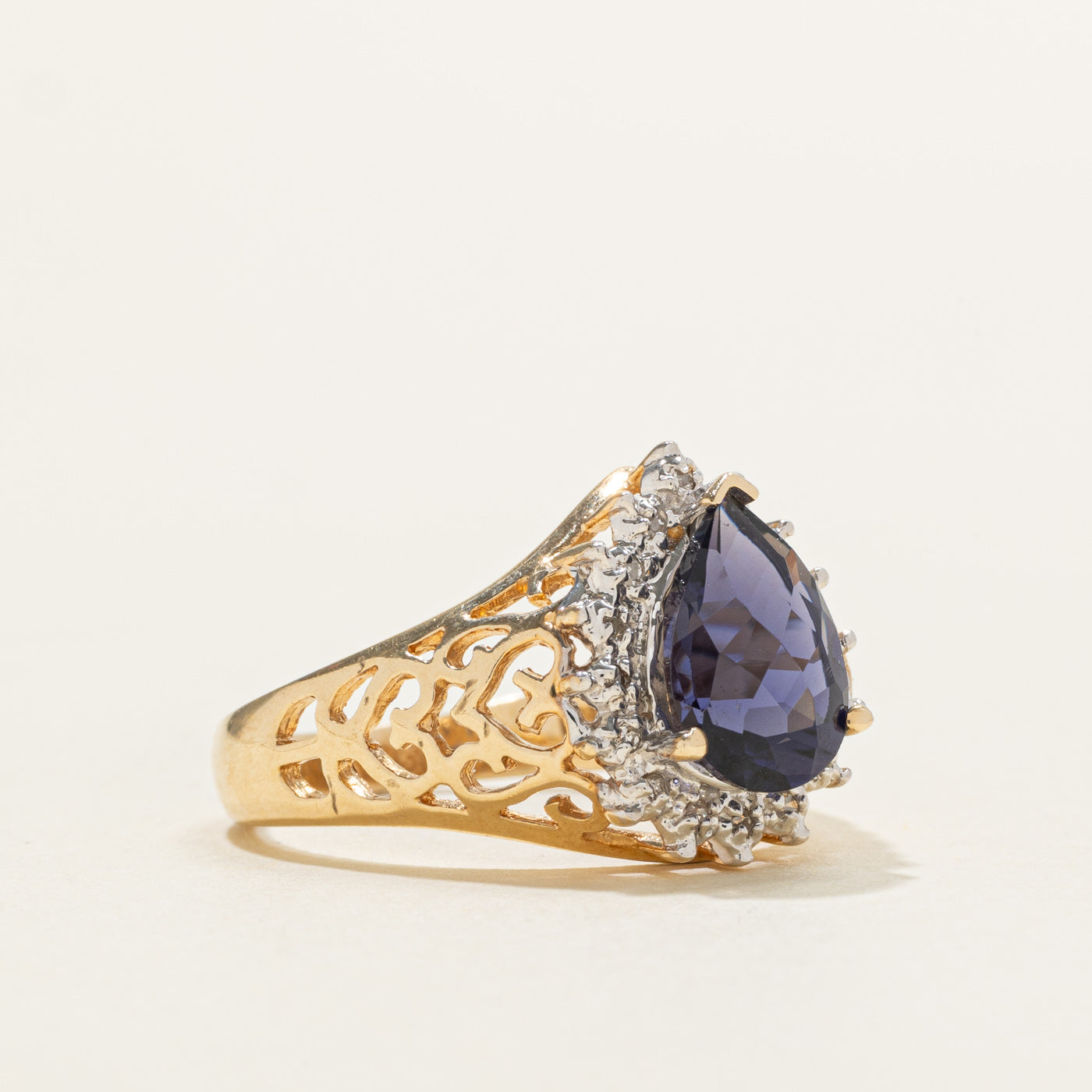 Pear Cut Iolite & Diamond Halo Openwork Ring | 1.82ct, 0.08ctw | SZ 8.0