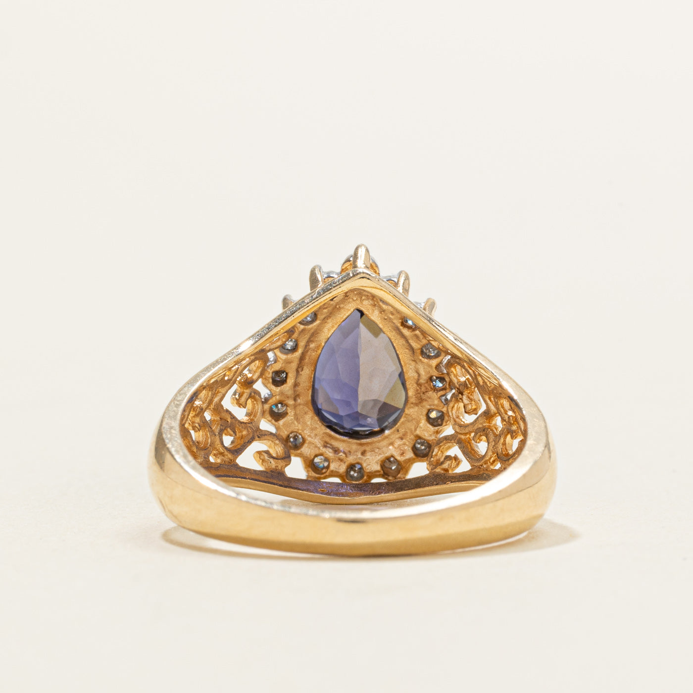 Pear Cut Iolite & Diamond Halo Openwork Ring | 1.82ct, 0.08ctw | SZ 8.0