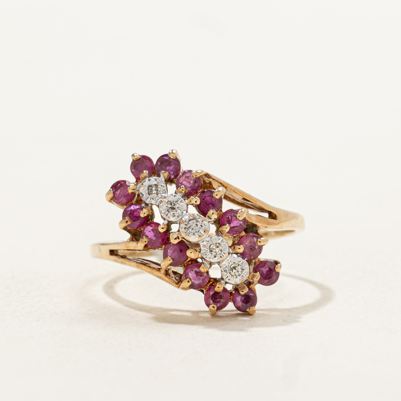 Ruby & Diamond Diagonal Cluster Bypass Ring | 0.63ctw, 0.01ctw | SZ 7.0 |