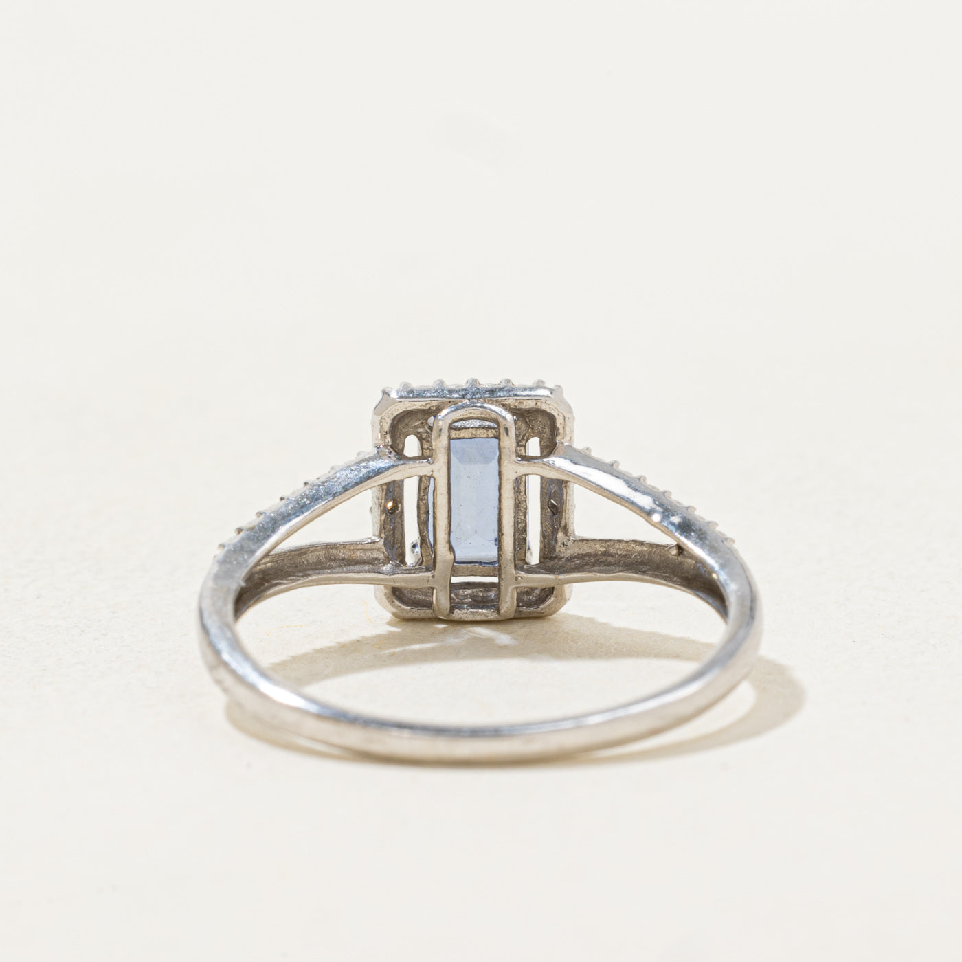 Emerald Cut Synthetic Sapphire & Diamond Halo Ring | 0.7ct, 0.01ctw | SZ 7.0 |