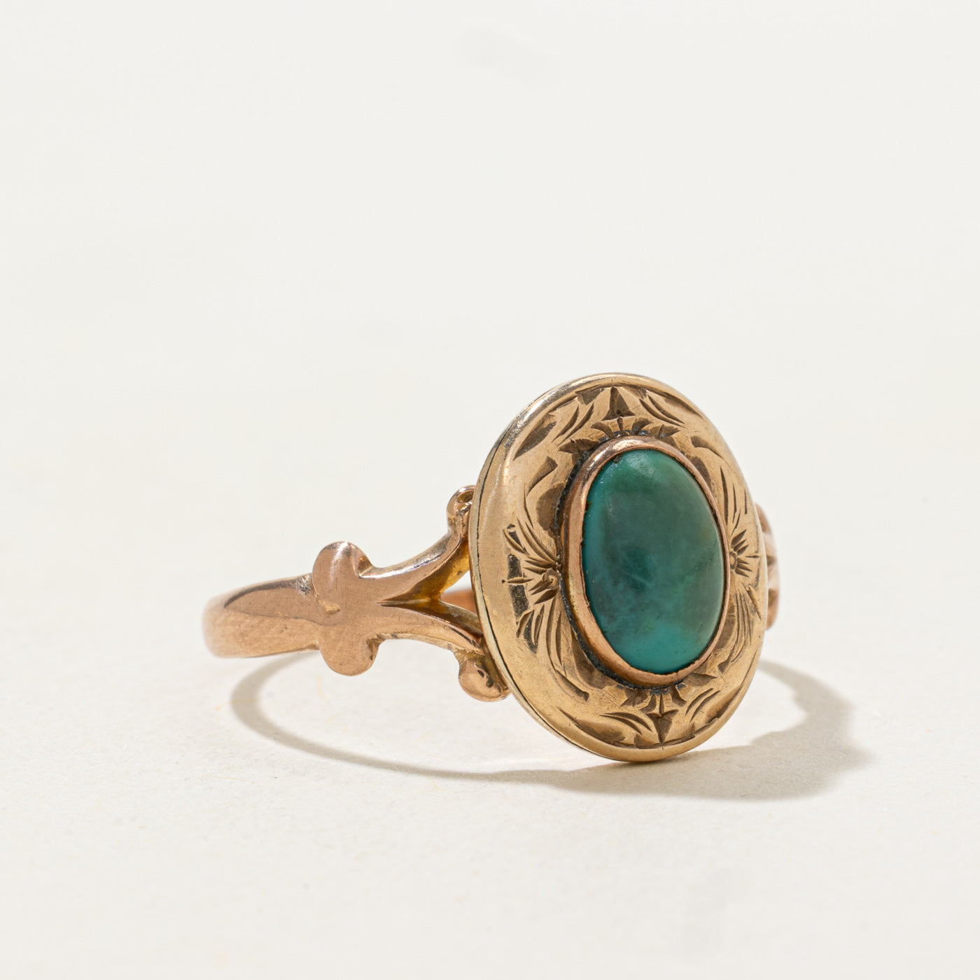 1920 Birmingham Bezel Set Turquoise Engraved Ring | 1.0ct | SZ 8.0 |