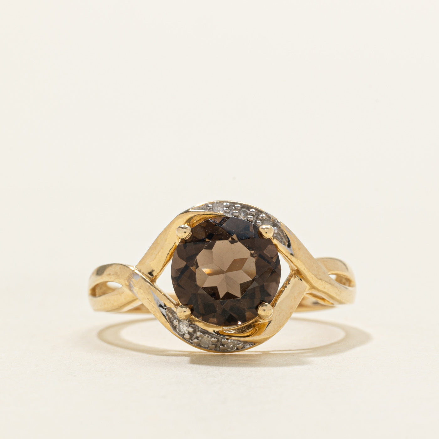 Round Cut Smoky Quartz & Diamond Cross Over Ring | 1.50ct, 0.03ct | SZ 7.0