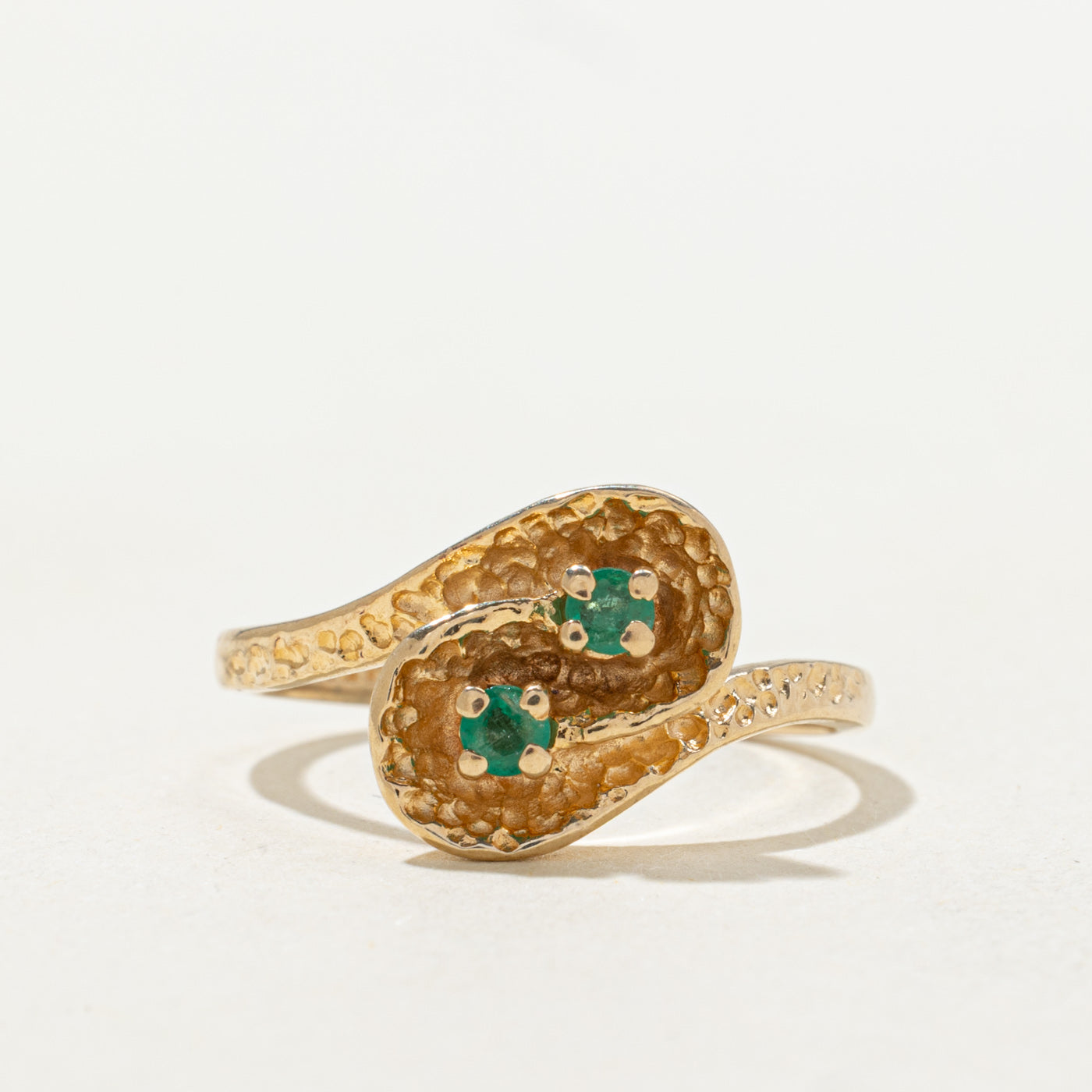 Two Stone Emerald Textured Bypass Ring | 0.06ctw | SZ 6.75 |