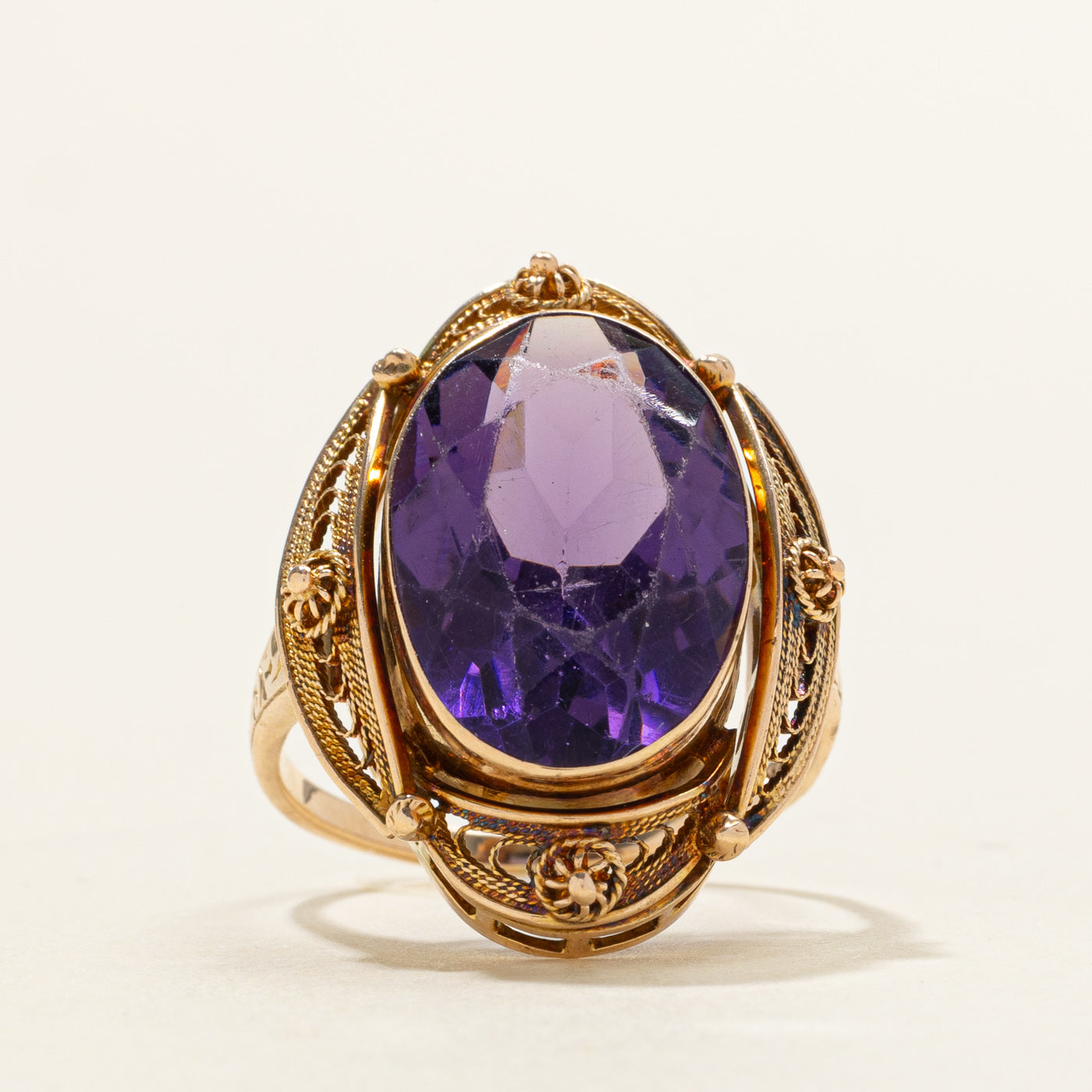Oval Cut Amethyst Textured Scrollwork Cocktail Ring | 6.50ct | SZ 5
