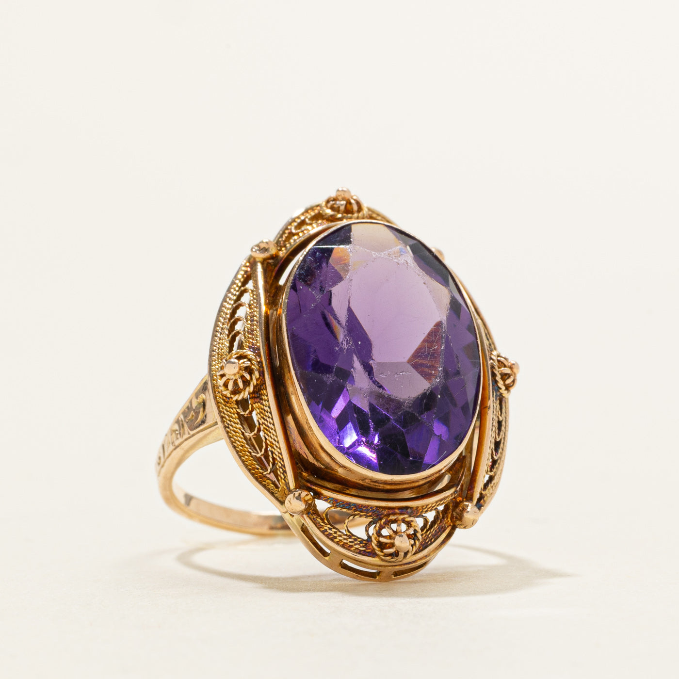 Oval Cut Amethyst Textured Scrollwork Cocktail Ring | 6.50ct | SZ 5