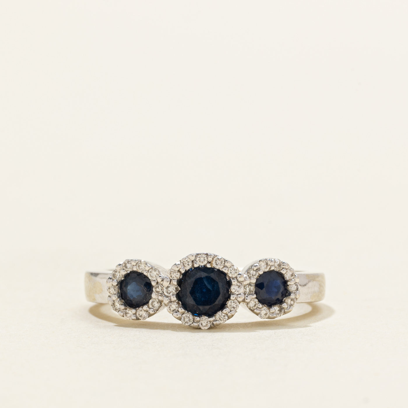 Three Stone Sapphire & Diamond Halo Ring | SZ 4.75