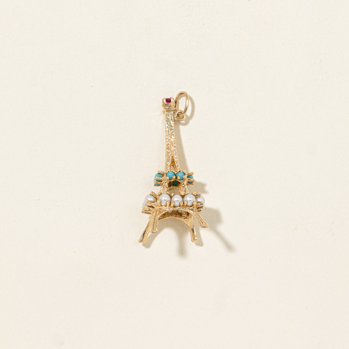 Ruby, Turquoise & Pearl Eiffel Tower Charm | 0.58ctw