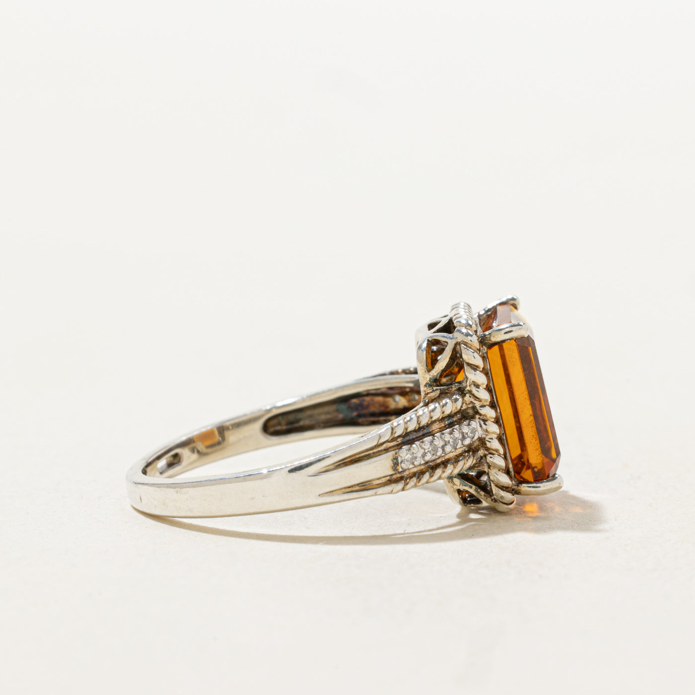 Emerald Cut Citrine & Diamond Rope Ring | 3.10ct | SZ 7.0 |