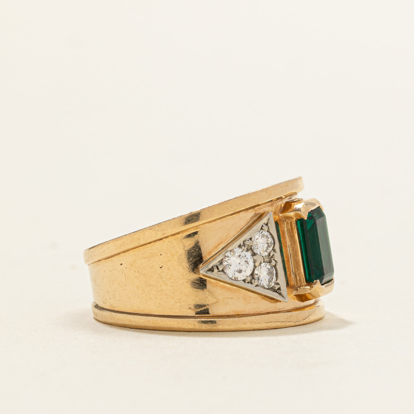 Synthetic Emerald & Diamond Geometric Cigar Band | 0.70ct, 0.22ctw | SZ 7.0